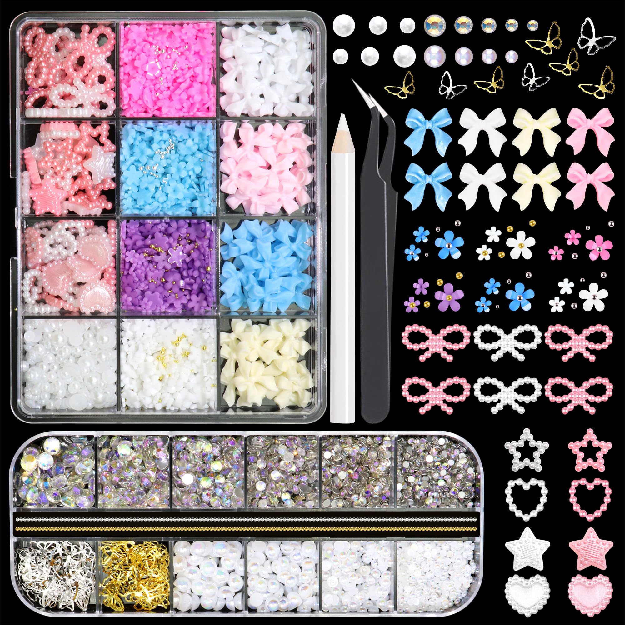 RODAKY Nail Charms and Flatback Pearls Gems Set, Bow Charm for Nail Art Designs,Assorted Pearl Bows Heart Star,Flowers for Nail with Nail Beads,White