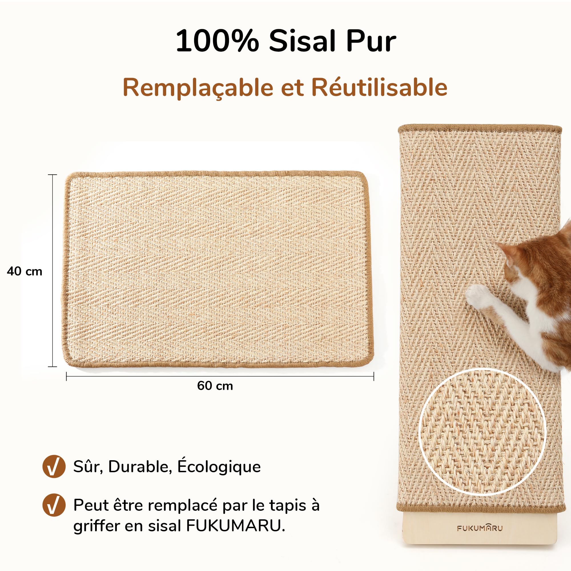 FUKUMARU Griffoir pour Chat, 60 cm en Sisal Naturel avec Rampe, Tapis Griffoir Interchangeable, Cadre en Bois Robuste en Forme de L, Protection des Meubles
