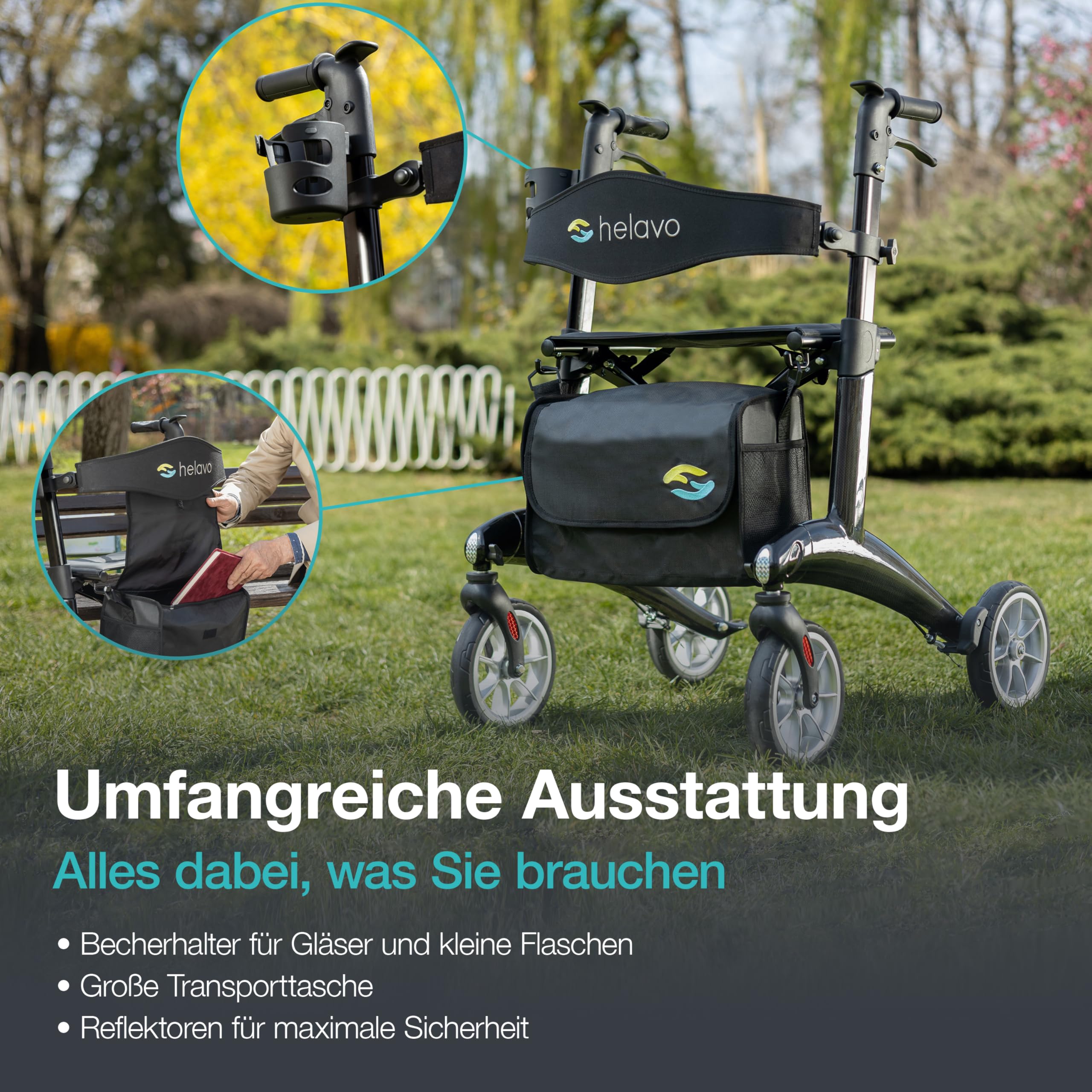 Helavo ultraleichter Carbon-Rollator für Innen & Außen - Nur 5,6 kg leicht | Faltbarer Leichtgewicht-Rollator aus Kohlefaser - Vollständig Aufgebaut - Einfacher Transport - Ideal für Innen & Außen
