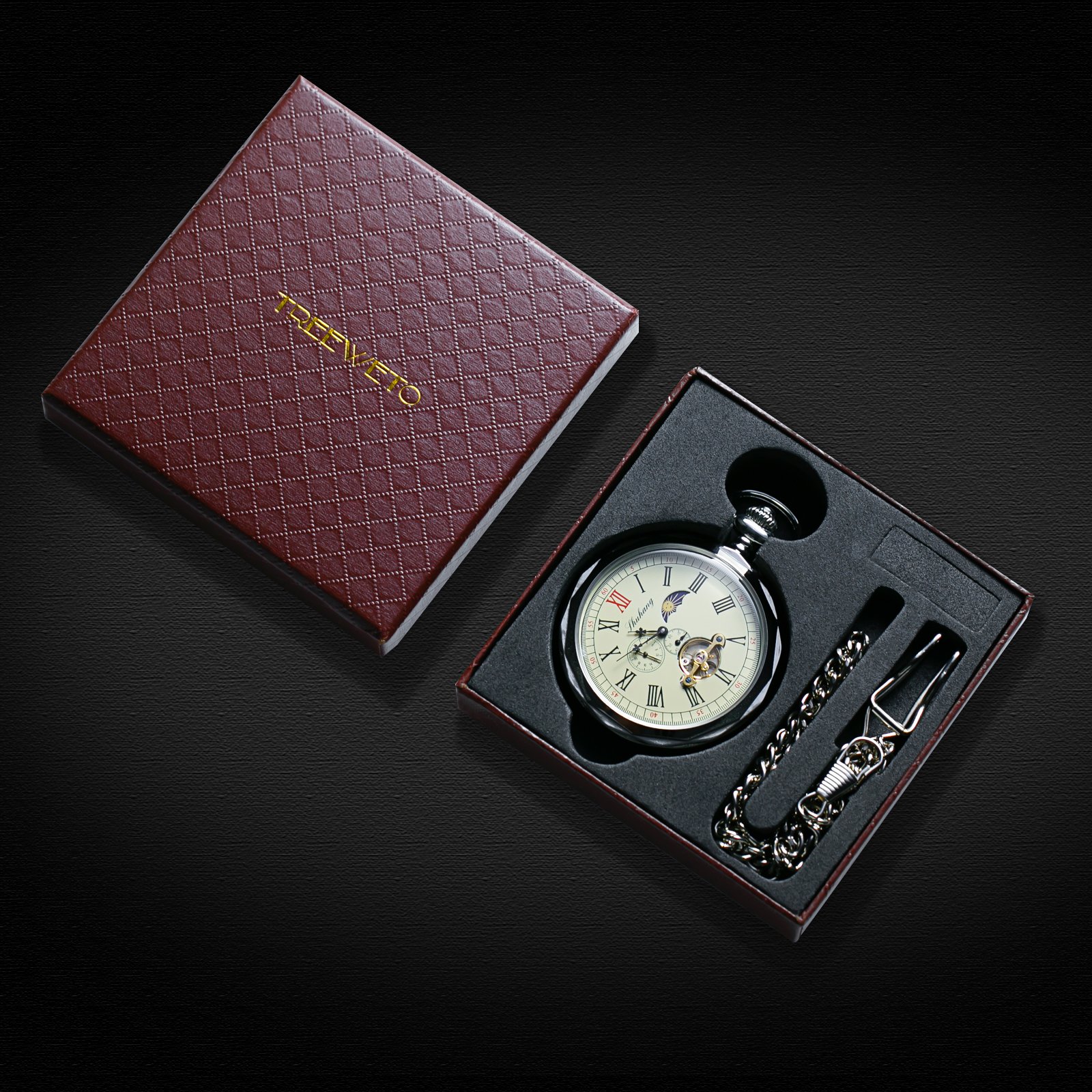 TREEWETO Mechanische Taschenuhr, römische Ziffern, offenes Zifferblatt mit Kette, 24 Stunden, Mond, Sonne + Box