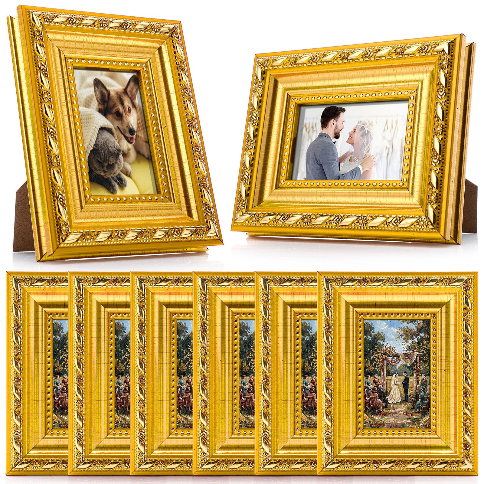 6 Pcs 2 x 3 Inch Small Gold Picture Frames Bulk Mini Vintage Antique Ornate Retro Baroque Photo Frames with Backboard for Wall Hanging Tabletop Home Decor Wedding Christmas Display