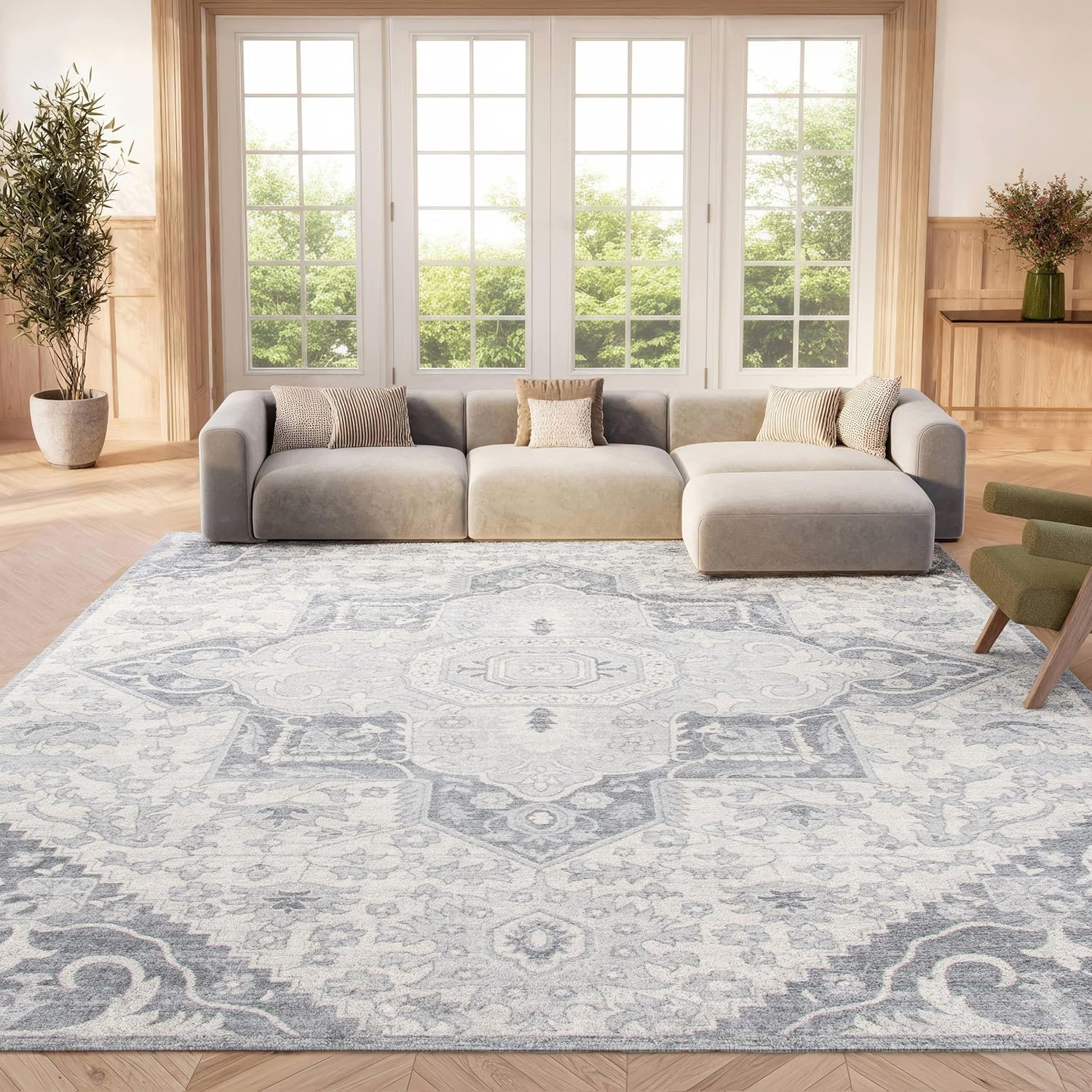 SAFAVIEH Brentwood Collection Area Rug - 3' Square, Grey & Cream, Oriental Medallion Design, Non-Shedding & Easy Care, Ideal for High Traffic Areas in Living Room, Bedroom (BNT816B)