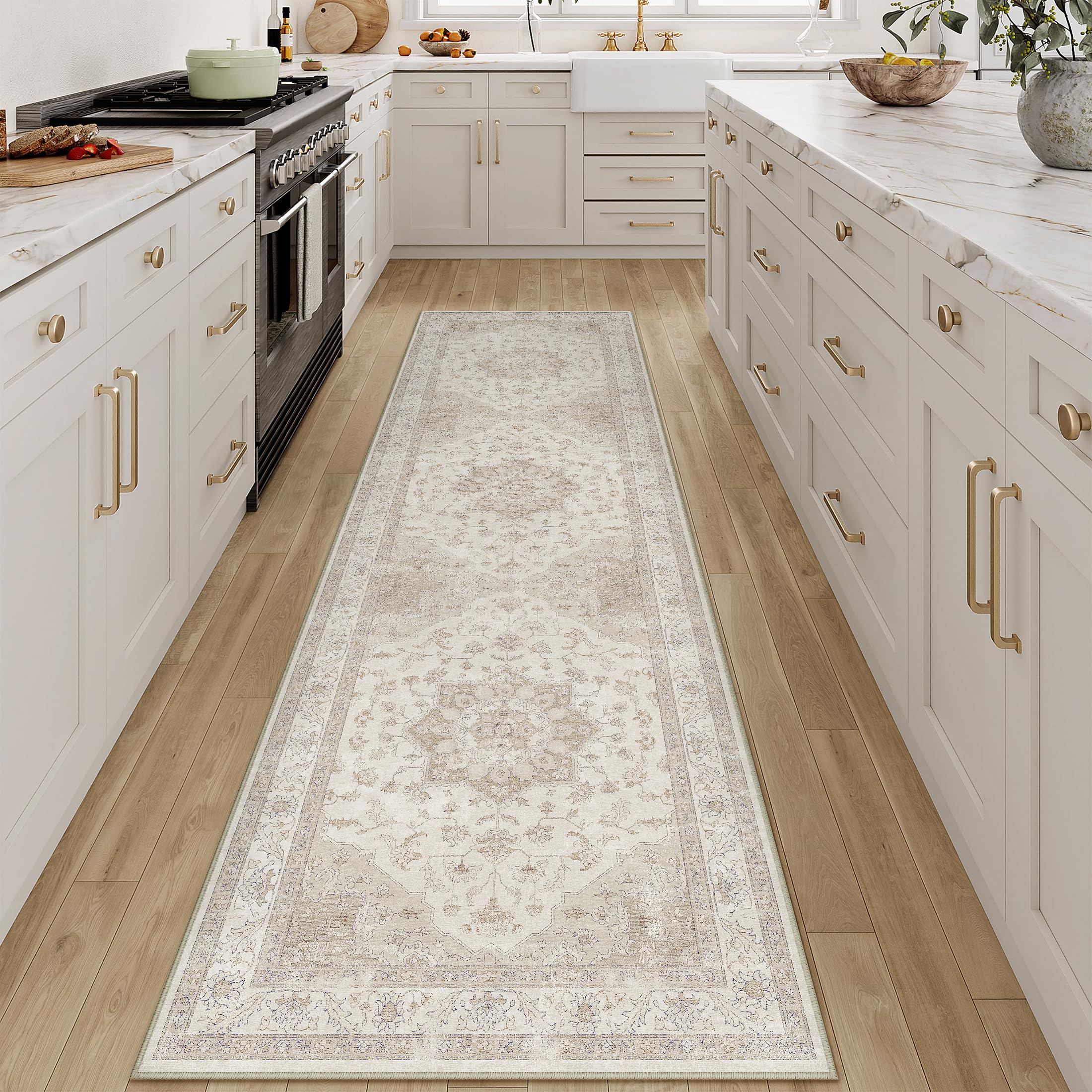 PureCozy Vintage Washable Beige Hallway Runner Rug 60x240cm Hall Runner Long Area Rugs Non Slip Soft Carpet Kitchen Bedroom Bedside Dining Room Office Indoor Low Pile Carpets - Image 3