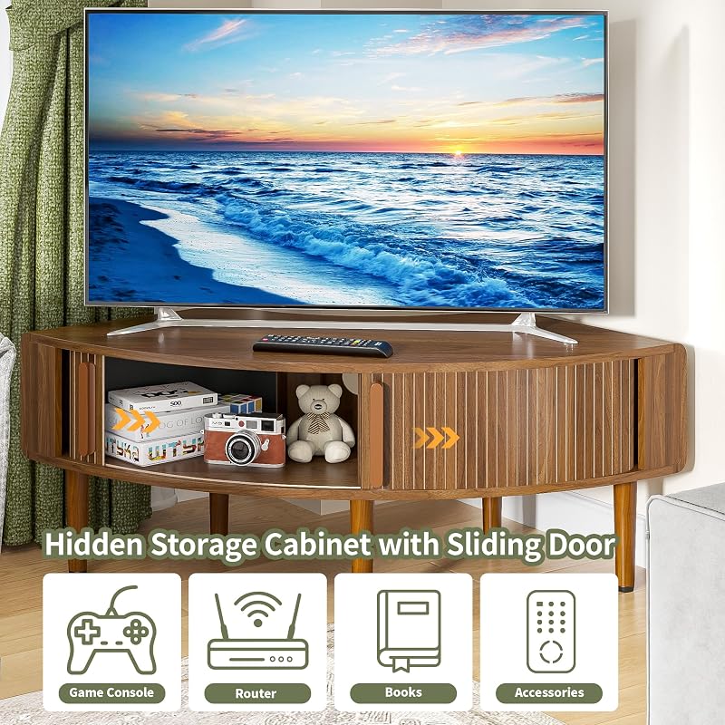 44 Inch Curved Corner TV Stand for Ups to 40" TVS, Walnut image 5