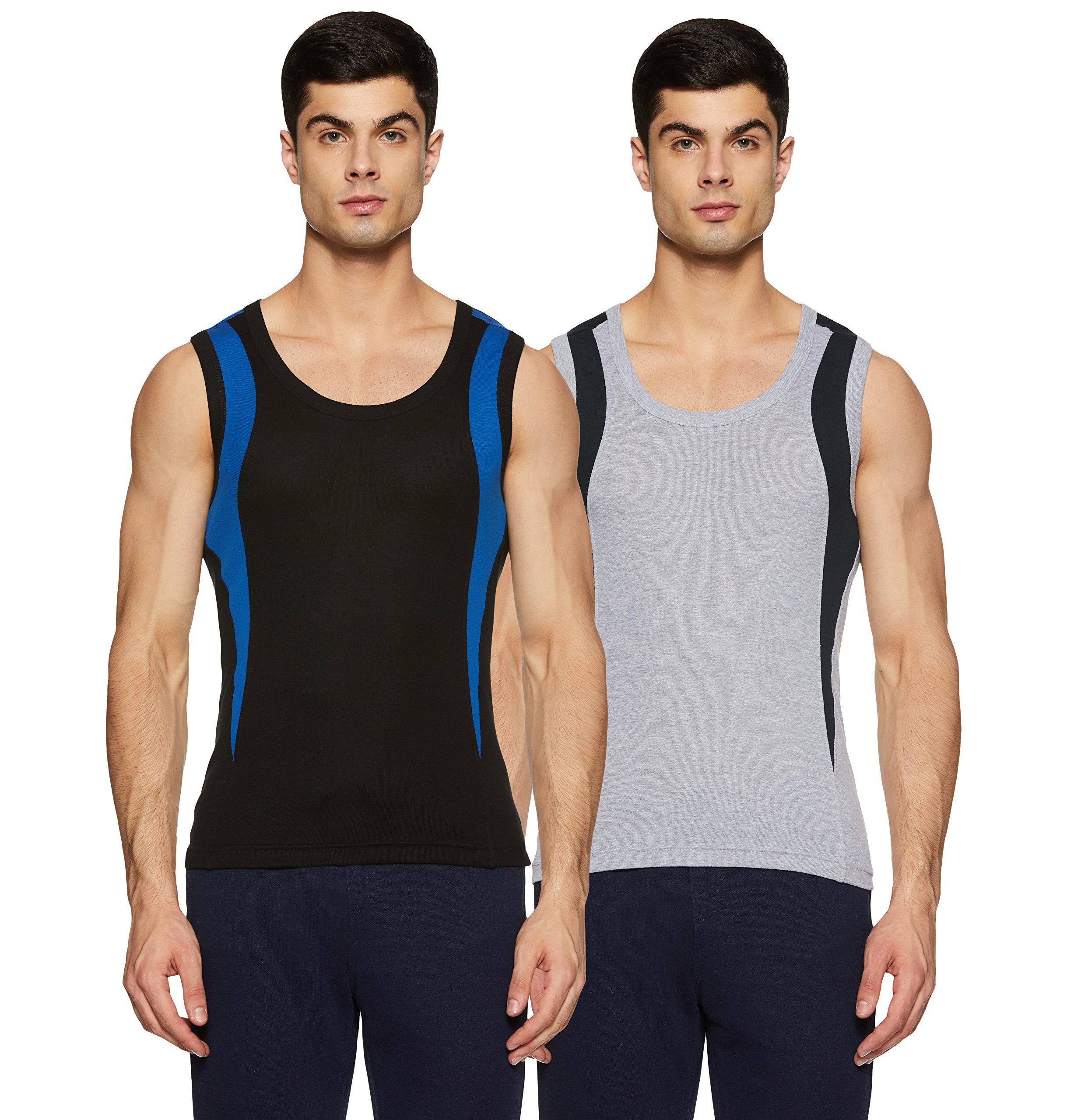 Dixcy Scott-Men-Innerwear-(category)-Vest-(Style ID)-K1-PR44937-(Color)-GREY MELANGE WITH NAVY & BLACK - ROYALE BLUE-Pack of2-(Size)M