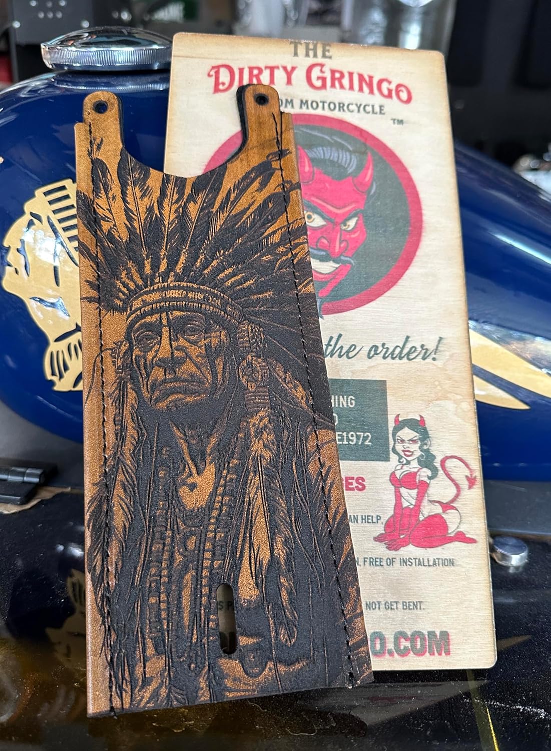 Tan Leather Indian Warrior Chief Touring Motorcycle Leather Gas Tank Bib Dark Horse