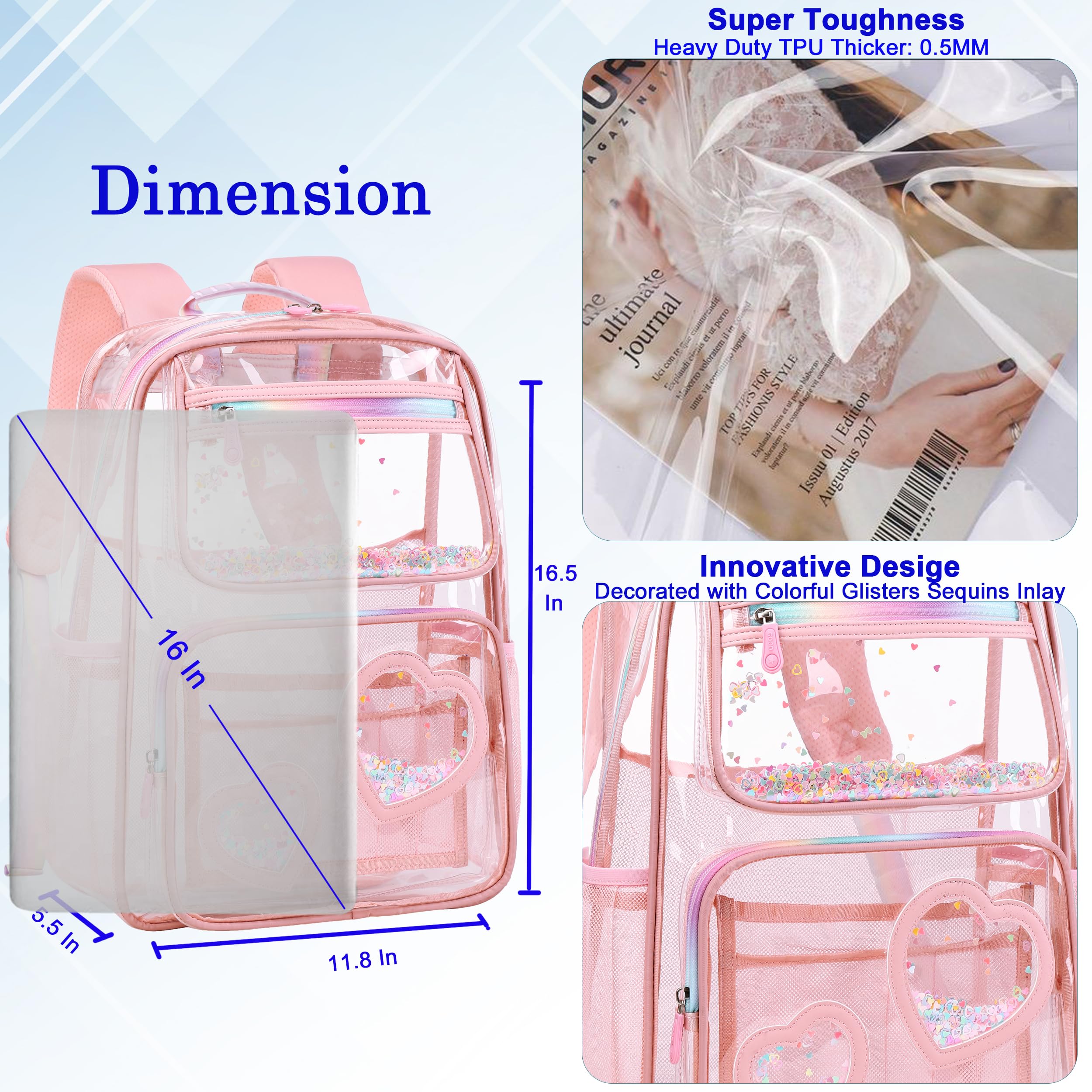 Transparenter Rucksack für Schule, Stadion, Events, strapazierfähig, durchsichtig, dick, transparent, Büchertasche für Teenager, Mädchen, Frauen