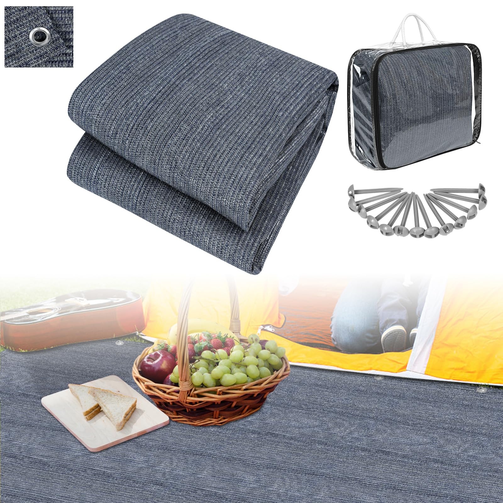 YEATHOR 2.5 x 5 M Awning Carpet, Outdoor Camping Mat, Made of HDPE, Waterproof Tent with Eyelets, Pegs and Carry Bag, Universal Camping Footprint for Tent, Canopies and Caravan, Grey-blue