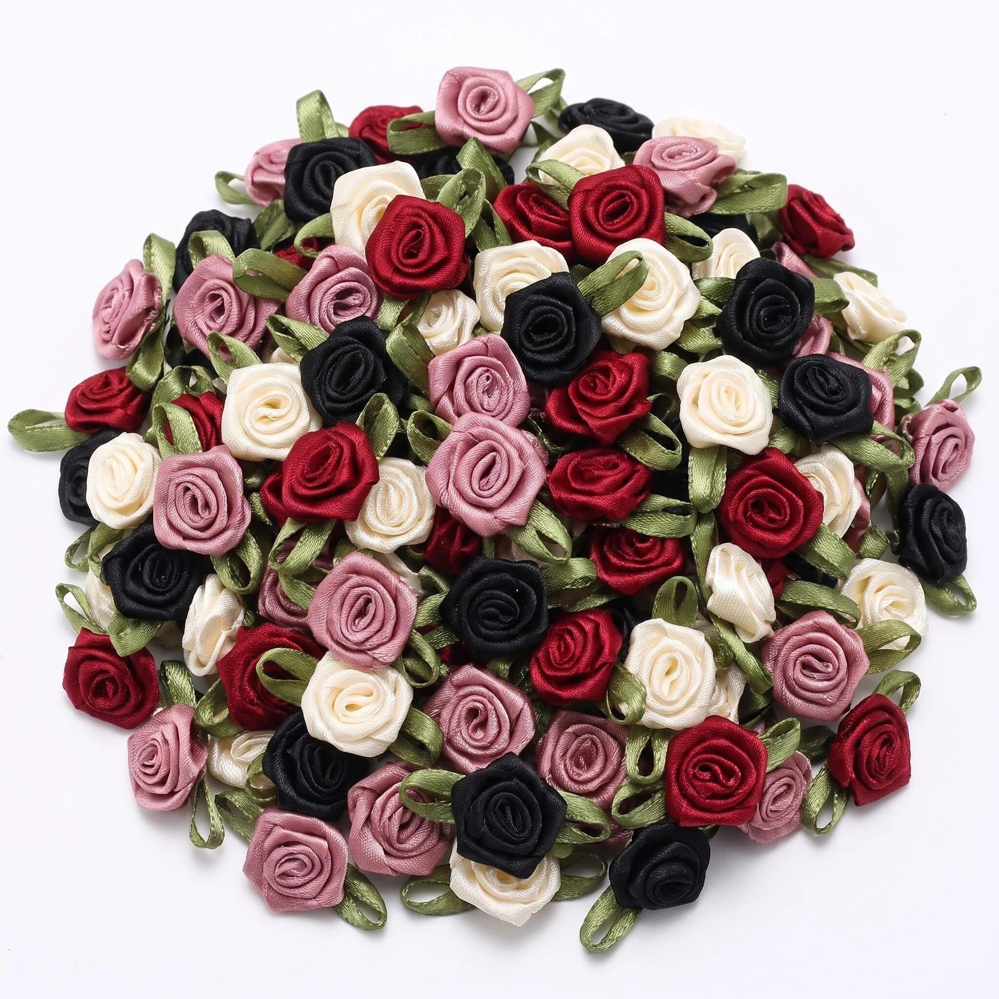 Nerciony 200 Pcs Mini Polyester Roses with Leaves