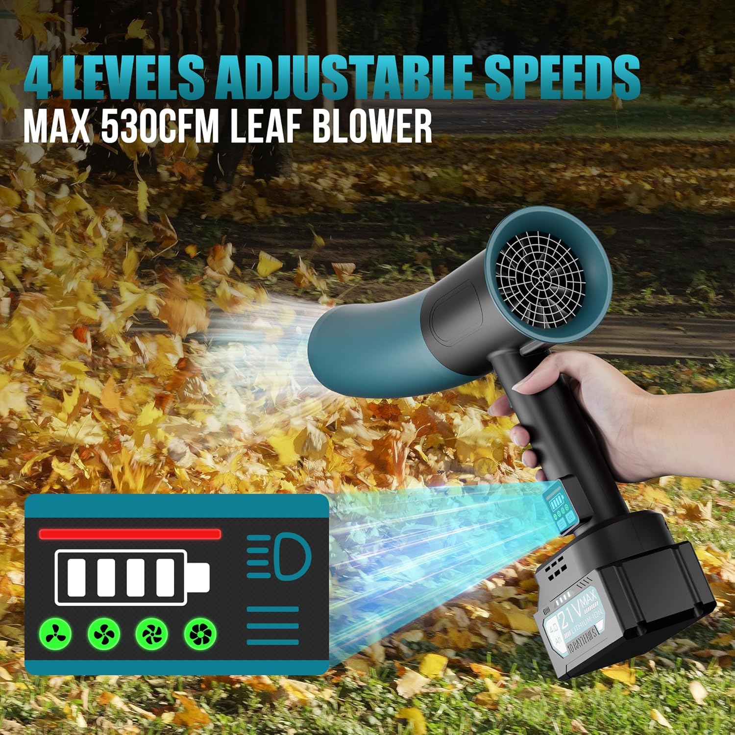 Turbo Dryer Blower, Car Dryer Air Blower Cordless, Extended Nozzles Turbo Fan with Led, 14000G Max Thrust, 4 Speeds, 21V 4.0Ah Battery and Charger, for Car Drying, Yard Cleanup (Ivory Black)