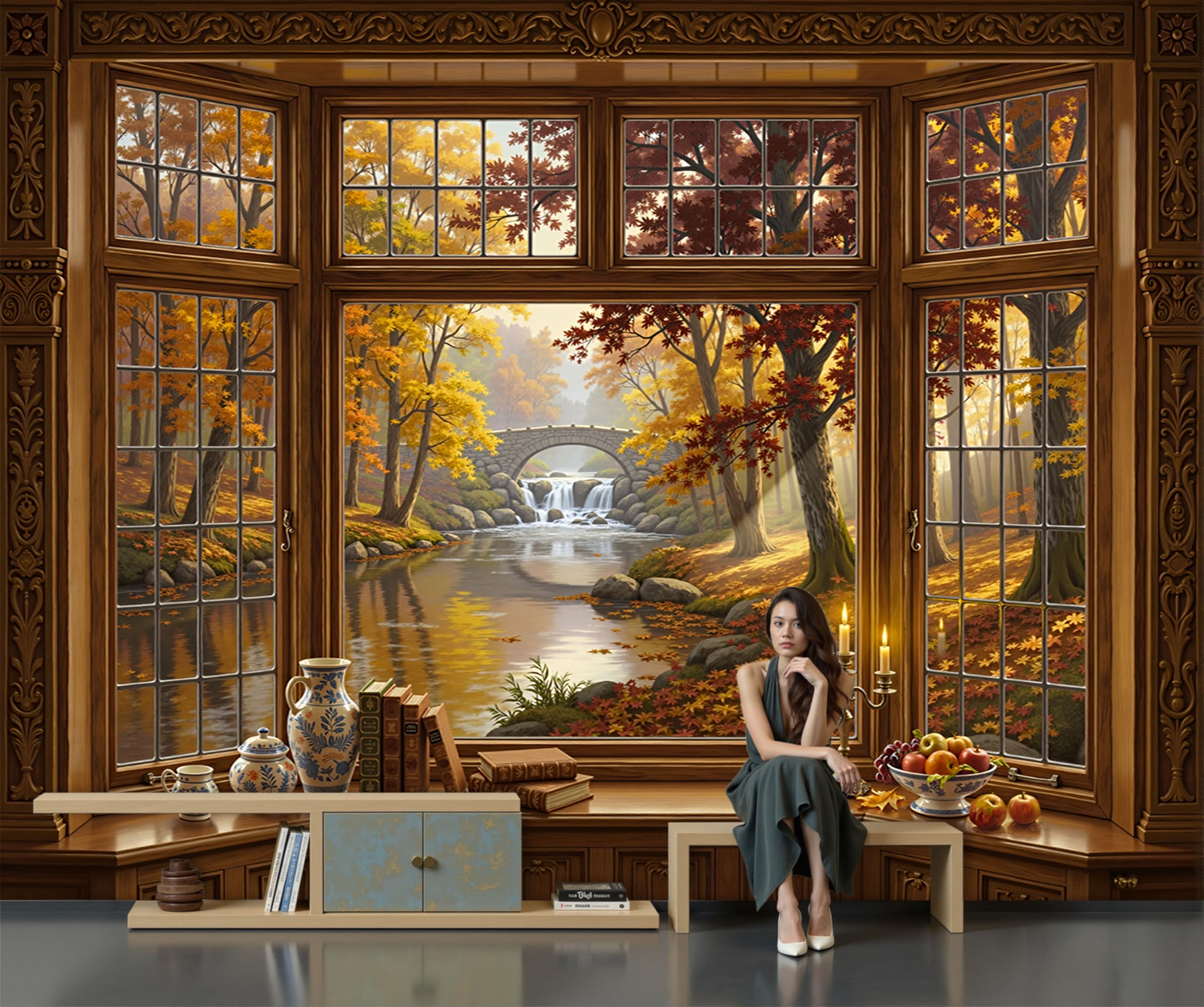 Papier Peint Panoramique 3D Lac Forestier Brun - Grand Format 350x256 cm