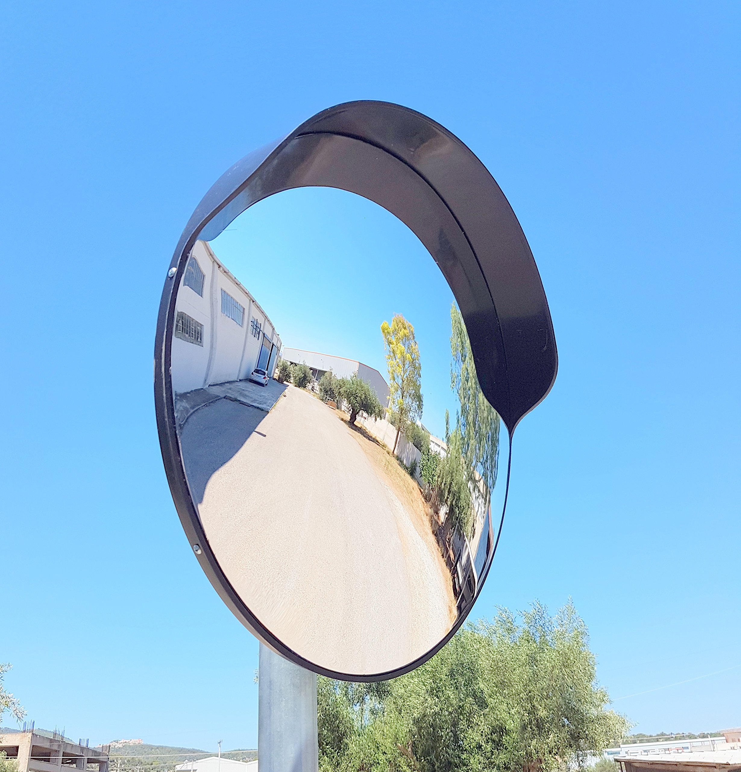 Espejo de seguridad, convexo, de color negro, de 60 cm de diámetro, para garantizar la seguridad en calles y en tiendas, con soporte de fijación ajustable para poste de 60 mm