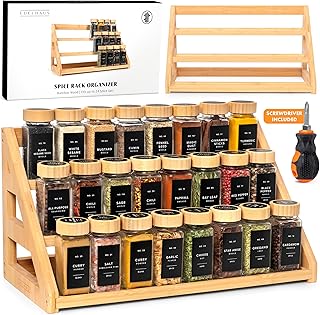 EDELHAUS 3 Tier Bamboo Spice Rack Organizer for Cabinet – Fits 24 Spice Jars, 17.5” Wide Countertop & Cabinet Organizer for Kitchen Organization, Seasoning Organizer Shelf (Jars Not Included)