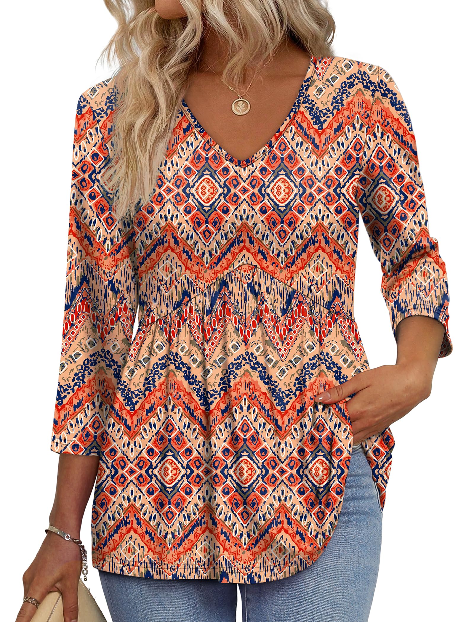 OFEEFAN 3/4 Length Sleeve Womens Tops 2026 Blouses for Women Dressy Casual Fashion Clothing V Neck Babydoll Tops Fall Outfits
