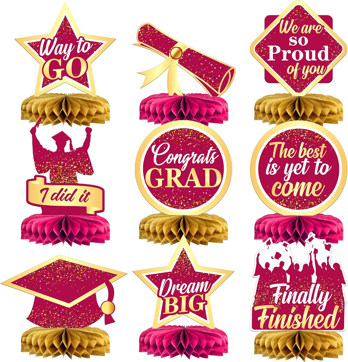 Graduation Decorations 2026 | Maroon and Gold Graduation Centerpieces for Tables 2026 - Pack of 9 | Graduation Honeycomb Decorations, Congrats Grad Decor | KatchOn