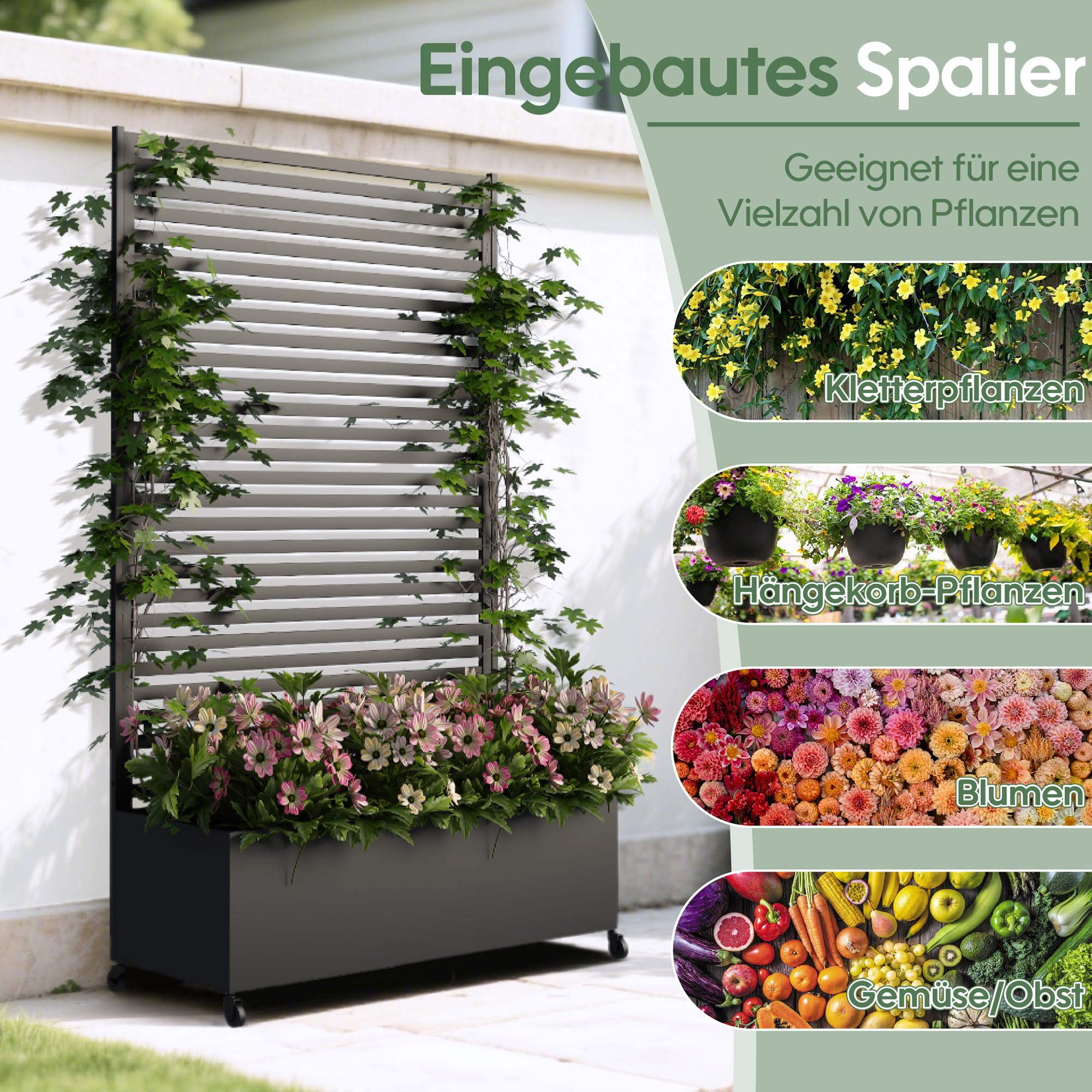 Jardinière d'extérieur en métal avec Treillis, jardinière surélevée en métal avec roulettes, jardinière autoportante avec Brise-Vue pour Jardin, terrasse et Balcon