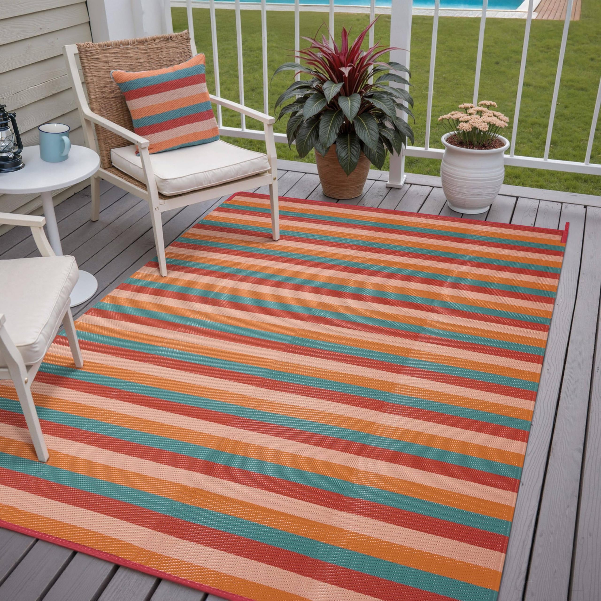 PureCozy Outdoor Waterproof Patio Rug 5x8 Plastic Straw Reversible Outside Orange Red Colorful Stripe Carpet Lightweight Large Rug for Camping RV
