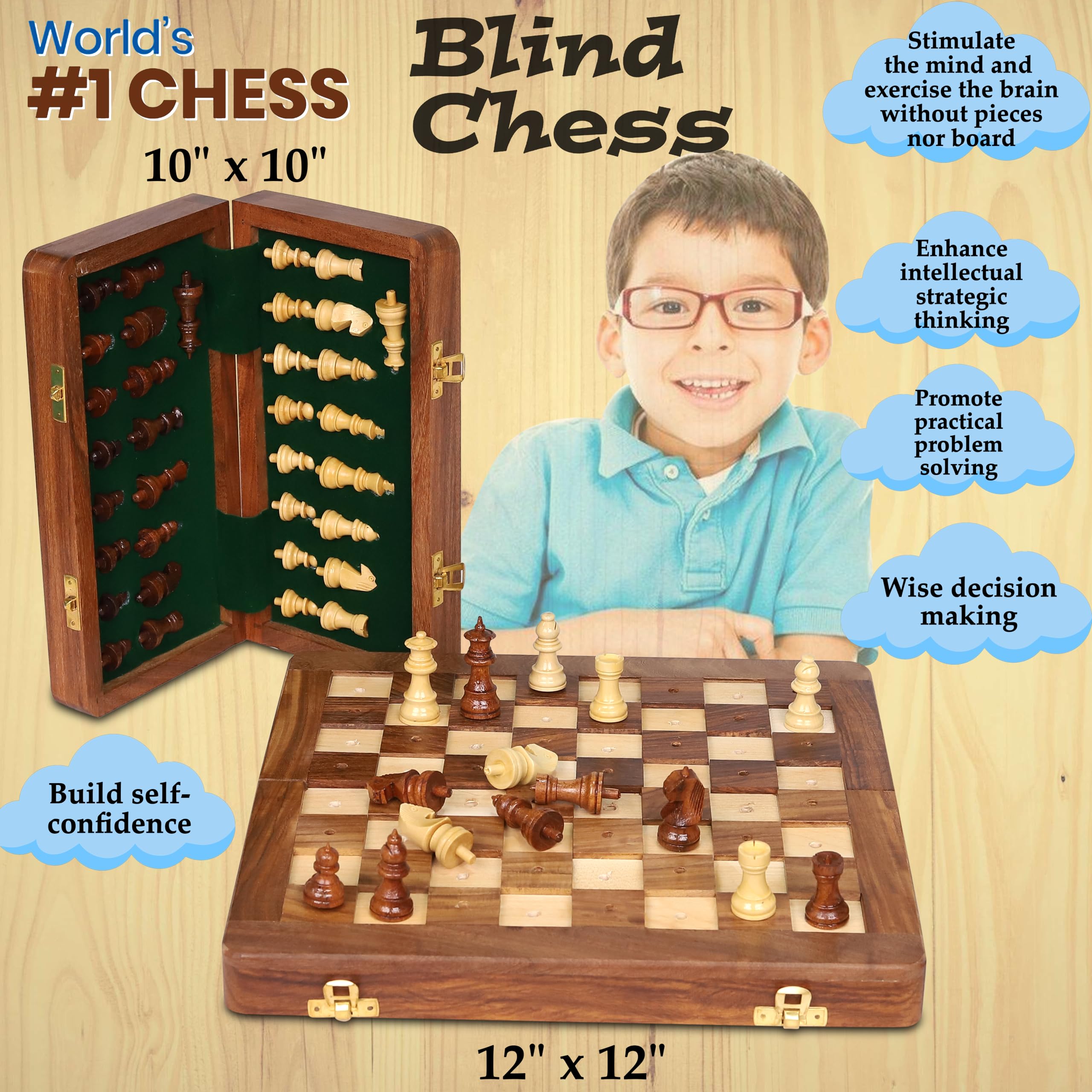 Schachset aus Holz für Blinde und Sehschwäche – große taktile Dame & kontrastreiche Teile – Faltbares Brettspiel für Kinder & Erwachsene – Handgefertigtes tragbares Design – ideal für Reisen