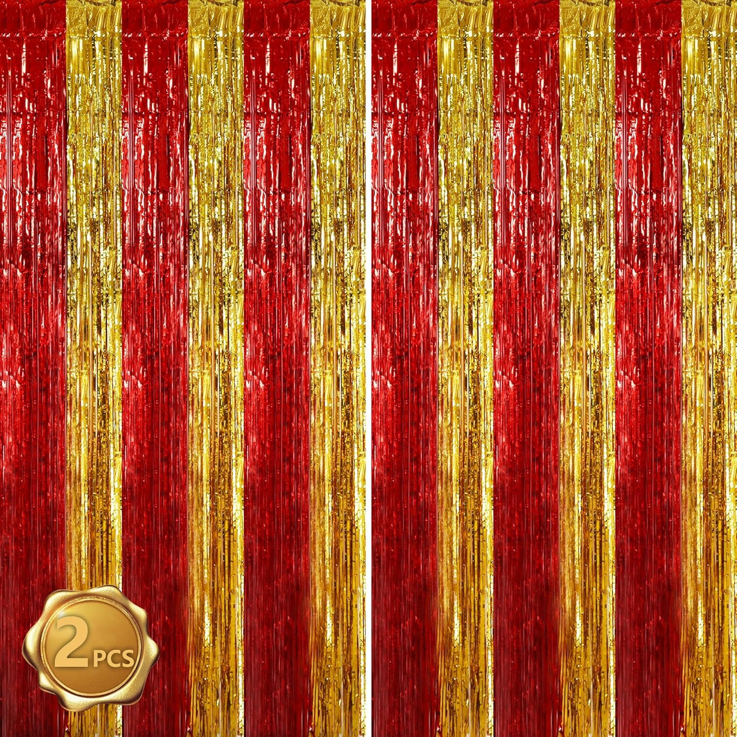 RIBBOOO 2 Pcs Red Gold Foil Fringe Tinsel Curtains, Metallic Glitter Curtain, door streamers for Graduation Stage, Birthday Wedding Baby Shower, Christmas Party Decoration (3.28 ft x 6.56 ft)