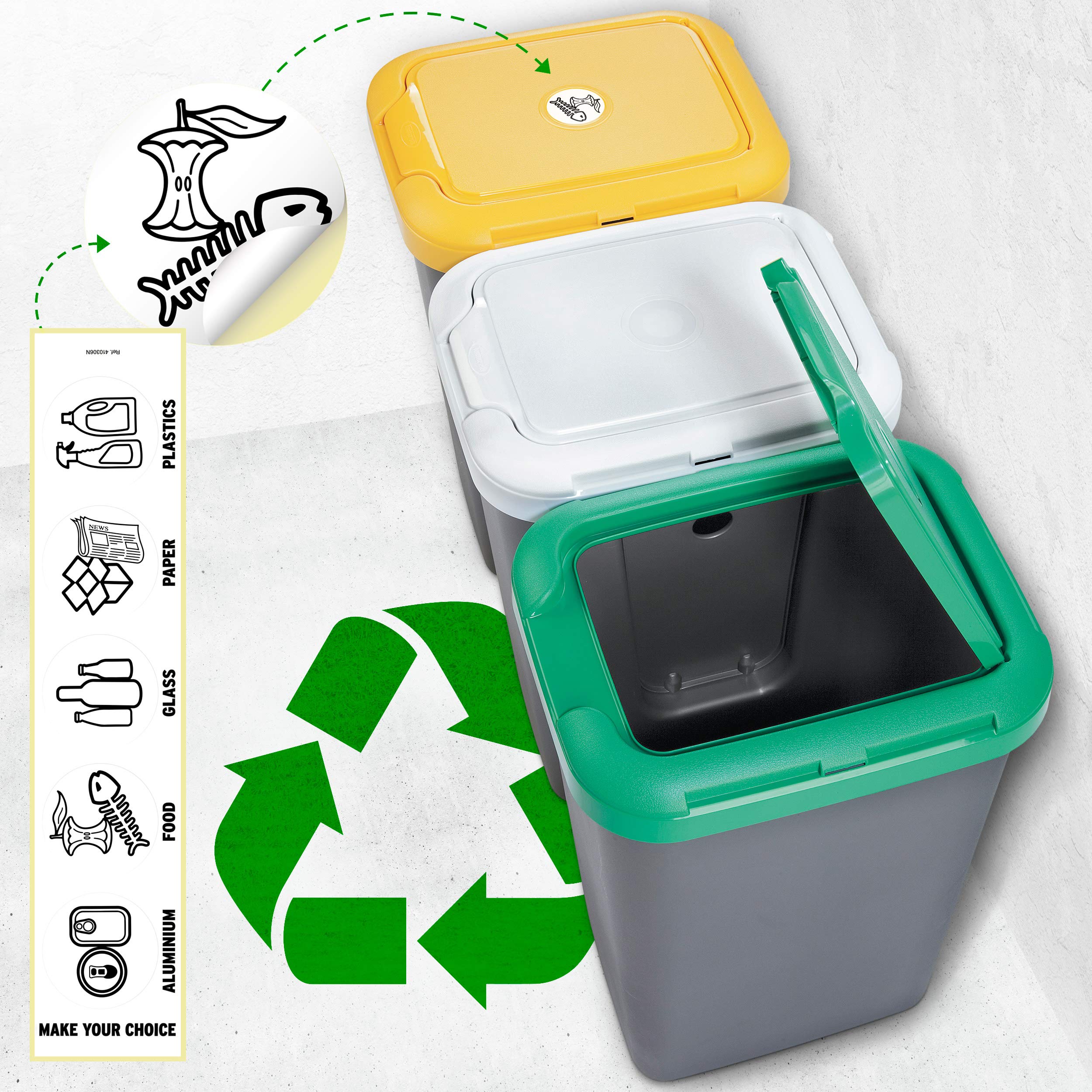 Papelera Reciclaje con 3 Compartimentos Ideal para Hogar/Oficina/Interior/Exterior, 75 litros Capacidad Total, 78.5 (Ancho) x 33 (Profundo) x 47.5 (Alto) Cms