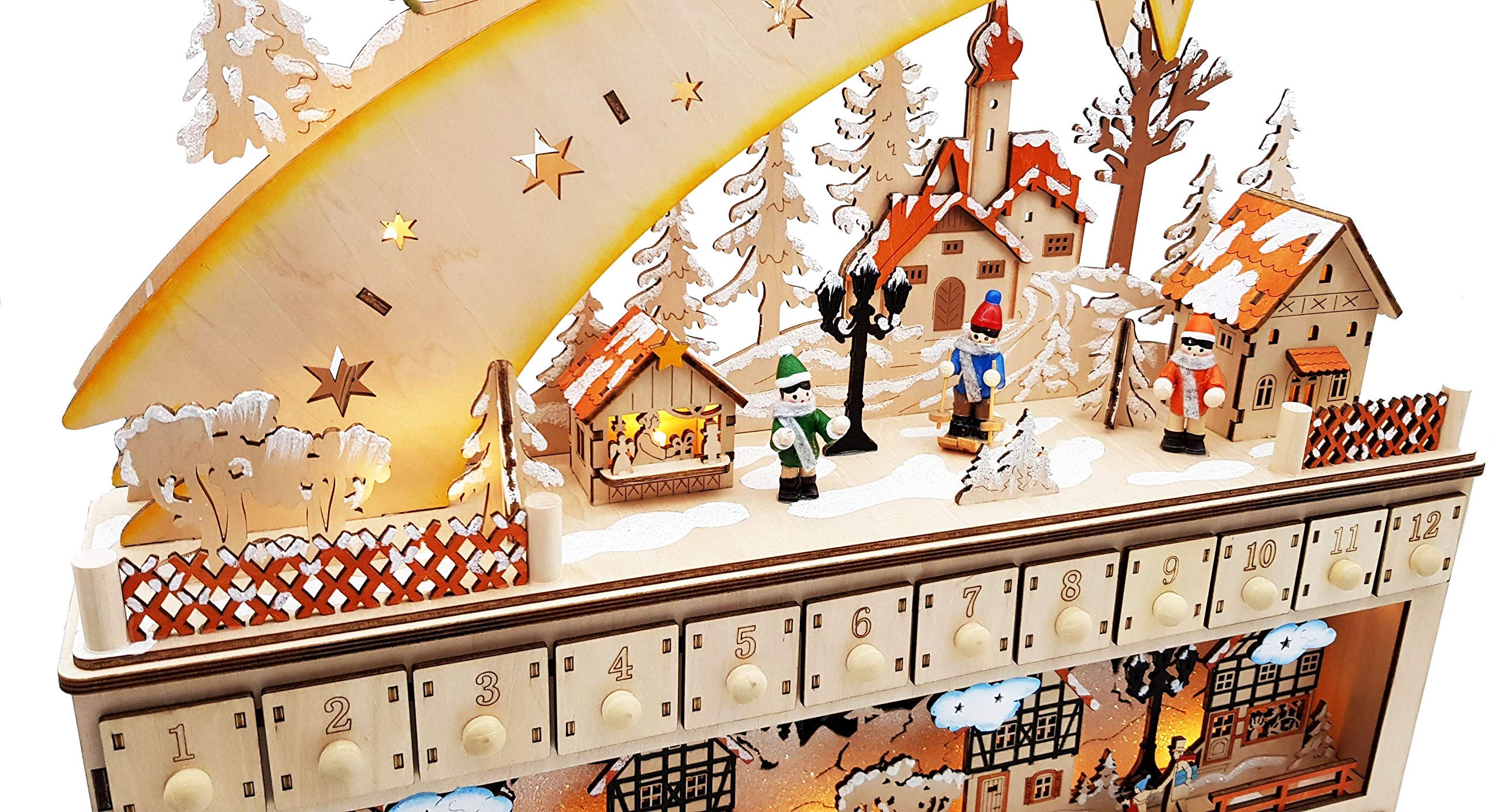 Wichtelstube-Kollektion XL LED Adventskalender Holz zum befüllen beleuchtet Sternschnuppe Lichterbogen Schwippbogen Weihnachten