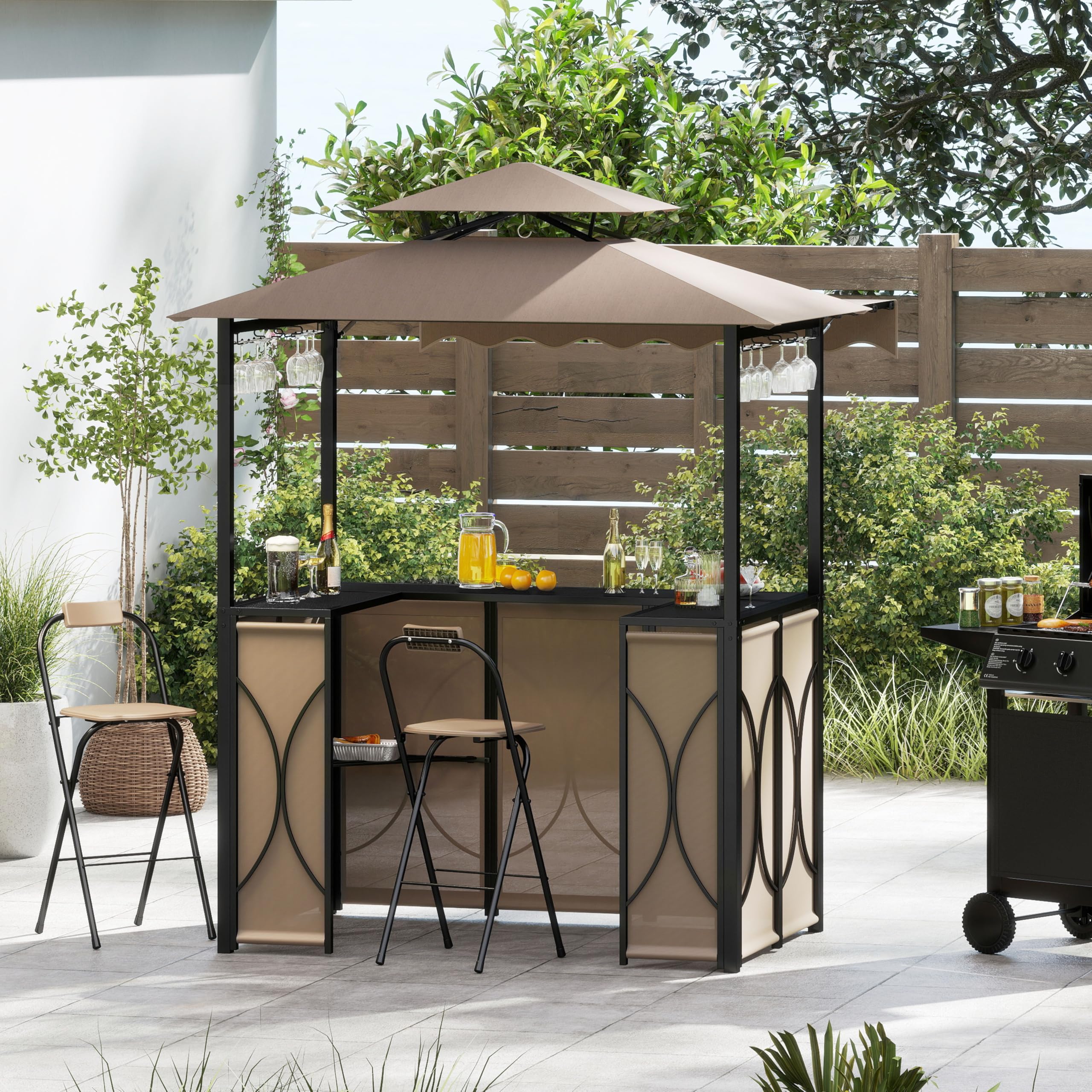 COSTWAY Tonnelle de Barbecue 3 Pcs Extérieur avec 2 Chaises Pliables Auvent, Ensemble de Bar de Jardin à Double Toit avec Table de Bar Étagères de Rangement en Métal, pour Jardin Cour (Marron)