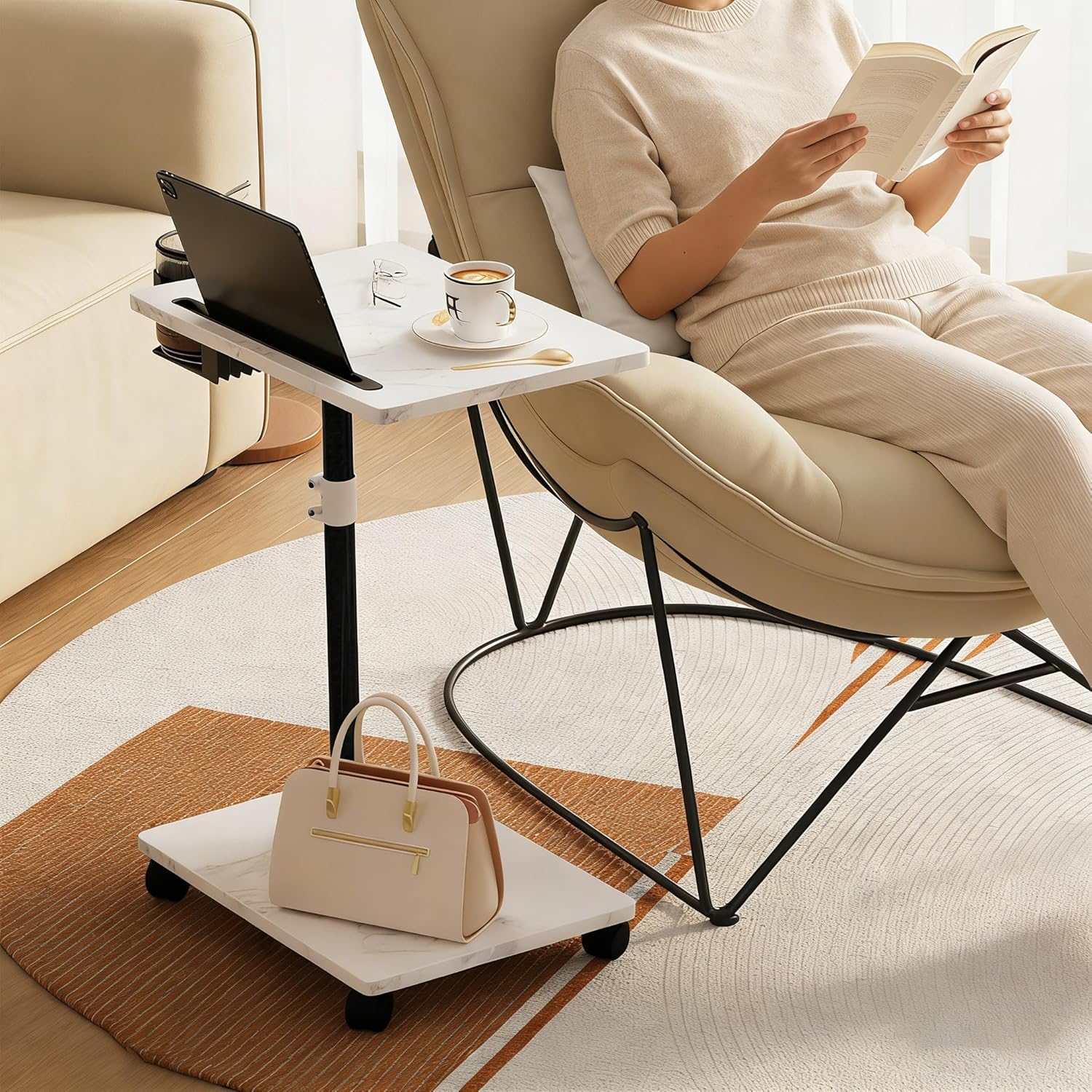 Adjustable TV Tray Table, TV Dinner Table for Eating, C-Shaped TV Trays for Couch, 360°Swivel Side End Table, Slide Under Sofa Snack Table for Bedroom Living Room Small Space (White+Black)