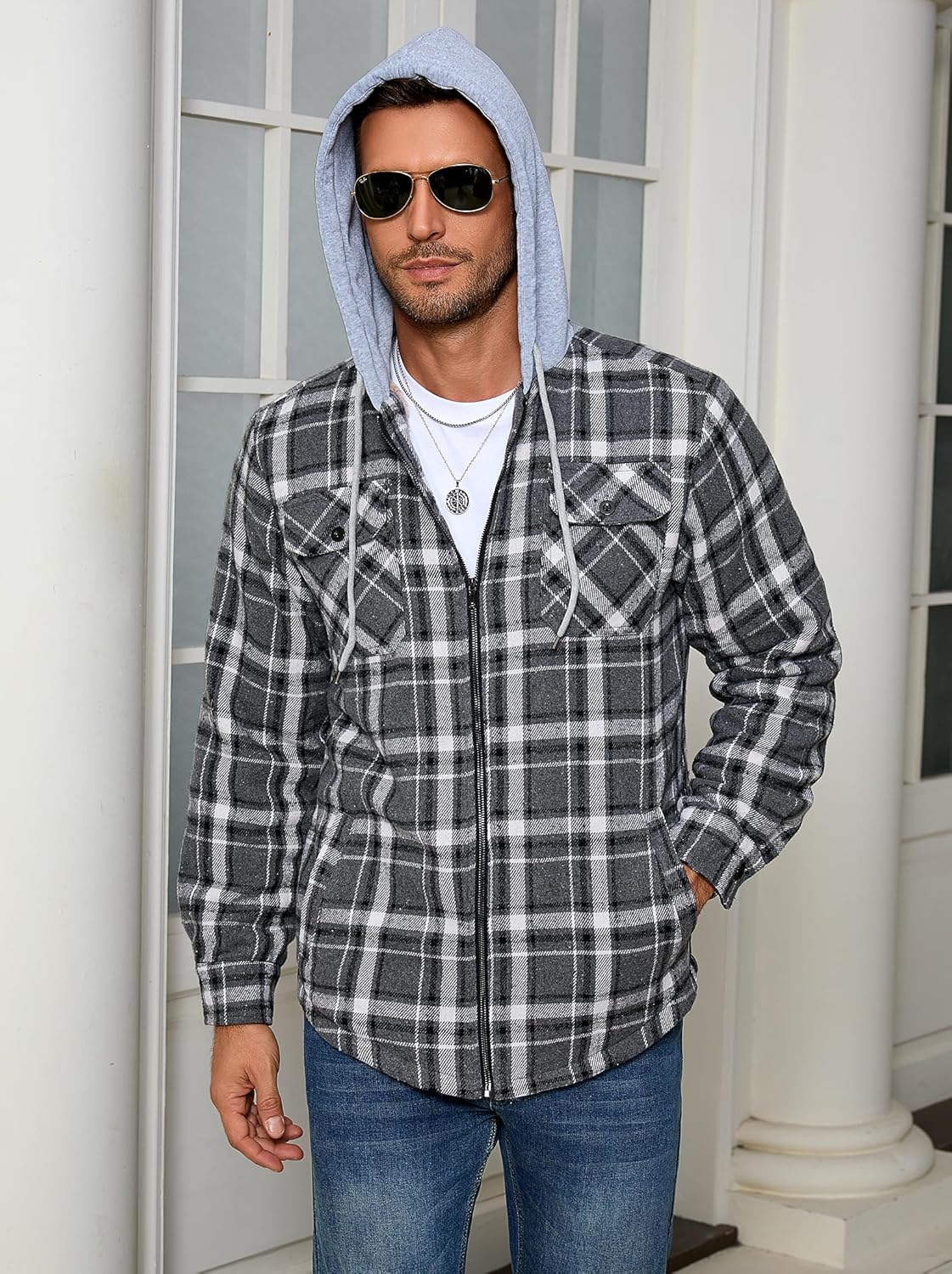 Men's Full Zip Sherpa Lined Flannel Jacket Fleece Hooded Plaid Jacket with Hood for Men - Image 5