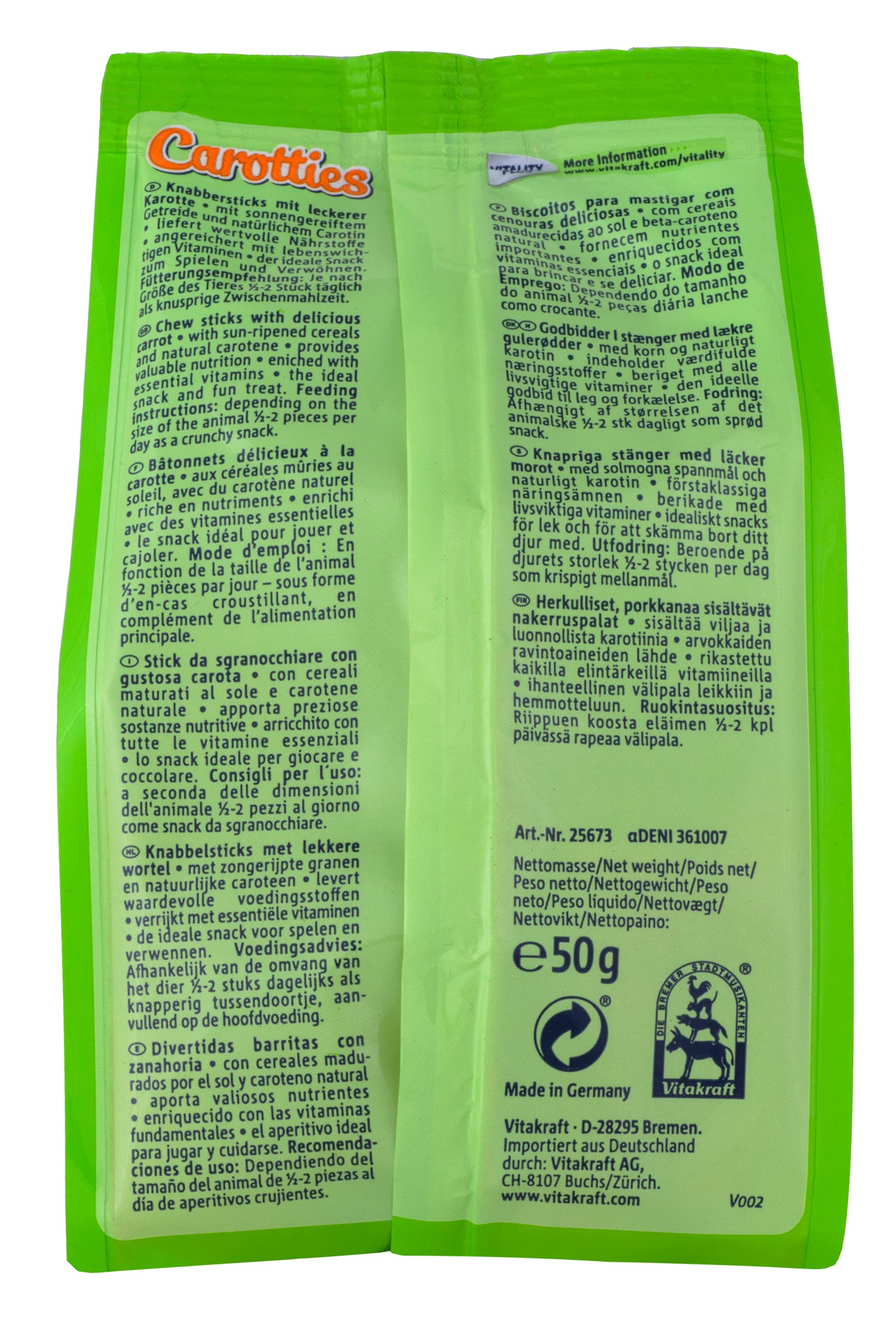 Vitakraft - Carotties, Bastones de Zanahoria para Todos los Roedores, con Vitaminas y Sin Azúcar - 50 g
