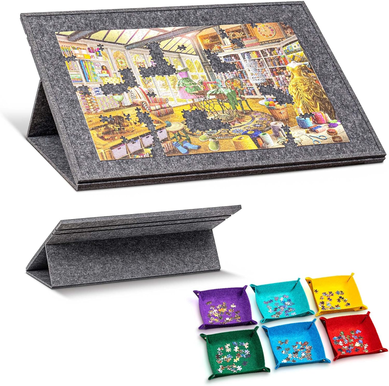 Tilting Jigsaw Puzzle Board with 2-in-1 Stand and Cover, Lightweight Felt Jigsaw Storage Table with 3 Angle Adjustable, 6 Sorting Trays for Puzzle Games Up to 1500 Pieces