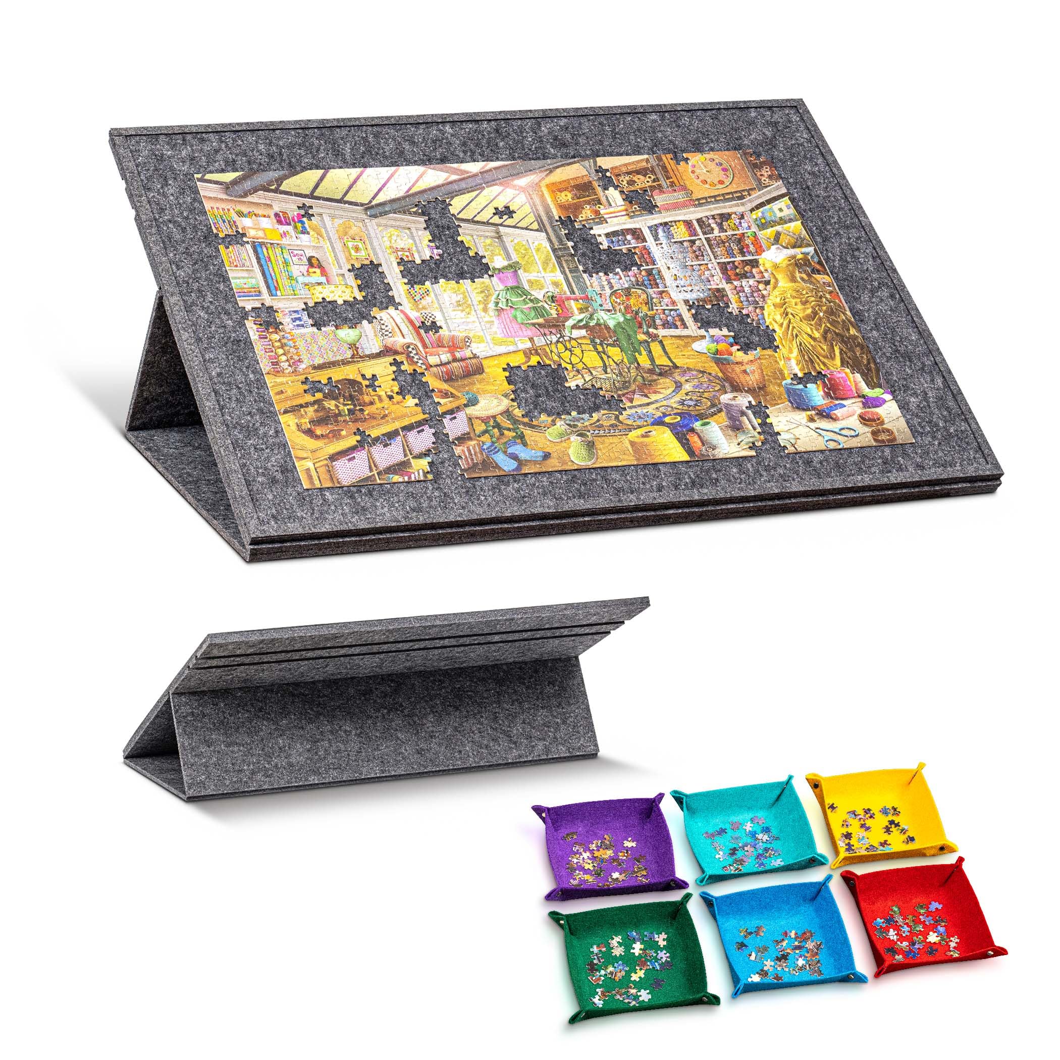 Jigpal Tilting Jigsaw Puzzle Board with 2-in-1 Stand and Cover, Lightweight Felt Jigsaw Storage Table with 3 Angle Adjustable, 6 Sorting Trays for Puzzle Games Up to 1500 Pieces