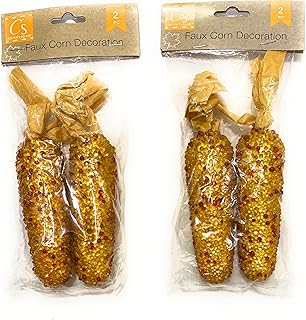 CABE Artificial Indian Corn Fall Harvest Halloween Thanksgiving Decoration 2 Pack of 2 Corn Each (Bundle KC Tingamajig), Yellow Orange
