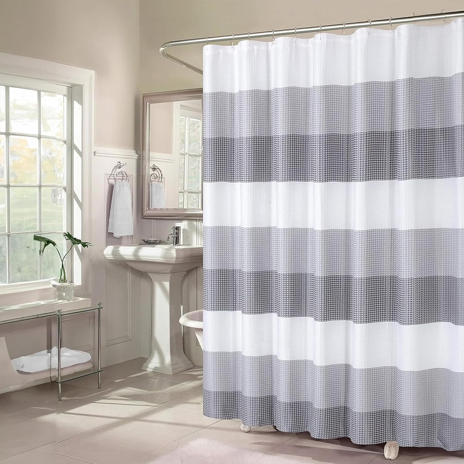 Dainty Home Ombre Waffle Weave Shower Curtain 70 x 72 Grey Textured Fabric Shower Curtain, Hotel Style Waffle Weave Bathroom Curtain, Water Resistant Polyester Ombre Shower Curtain