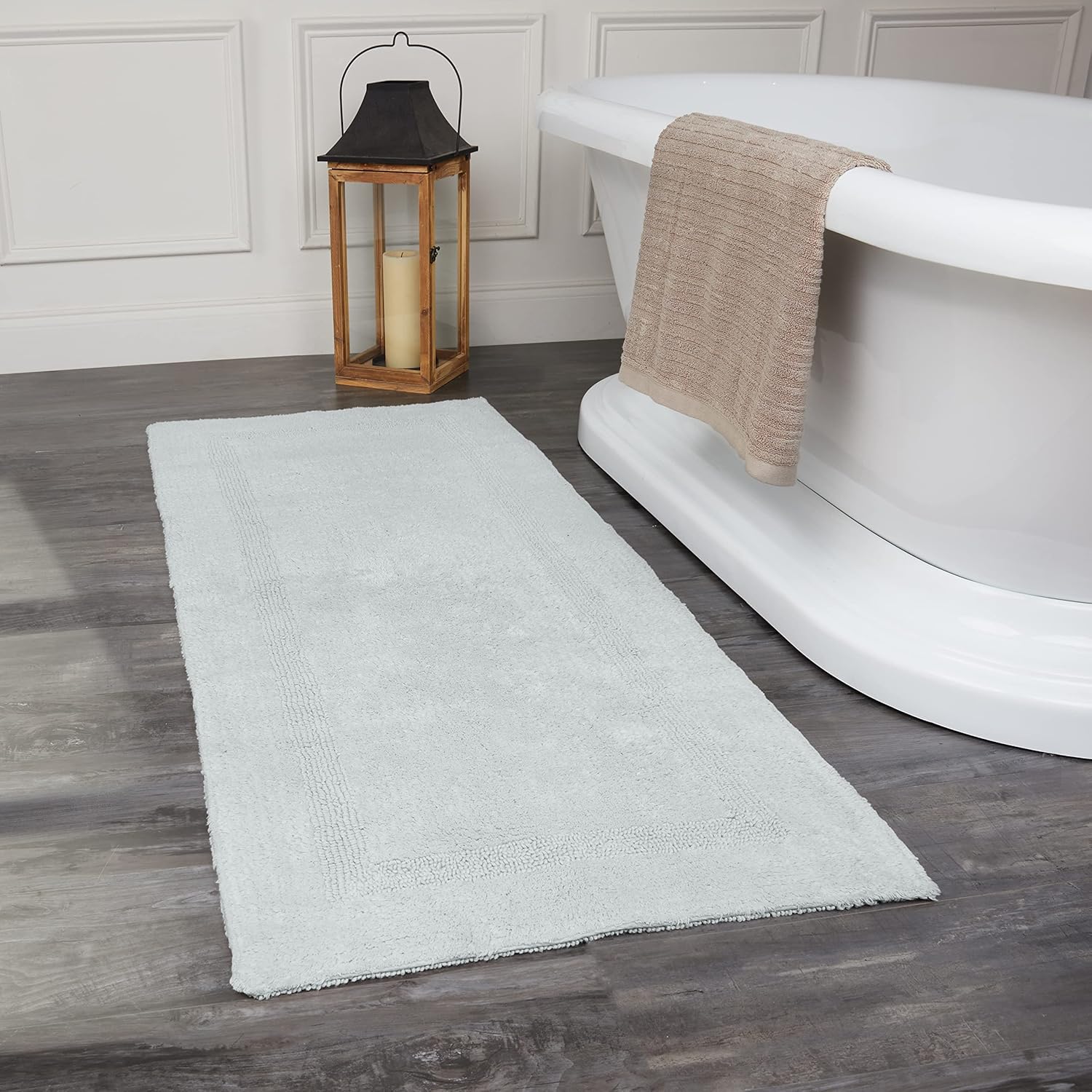 Fabstyles 100% Cotton Luxury Reversible Bath Rug | Ultra Absorbent Machine Washable Mat for Bathrooms/Showers, 24"x60" Silver