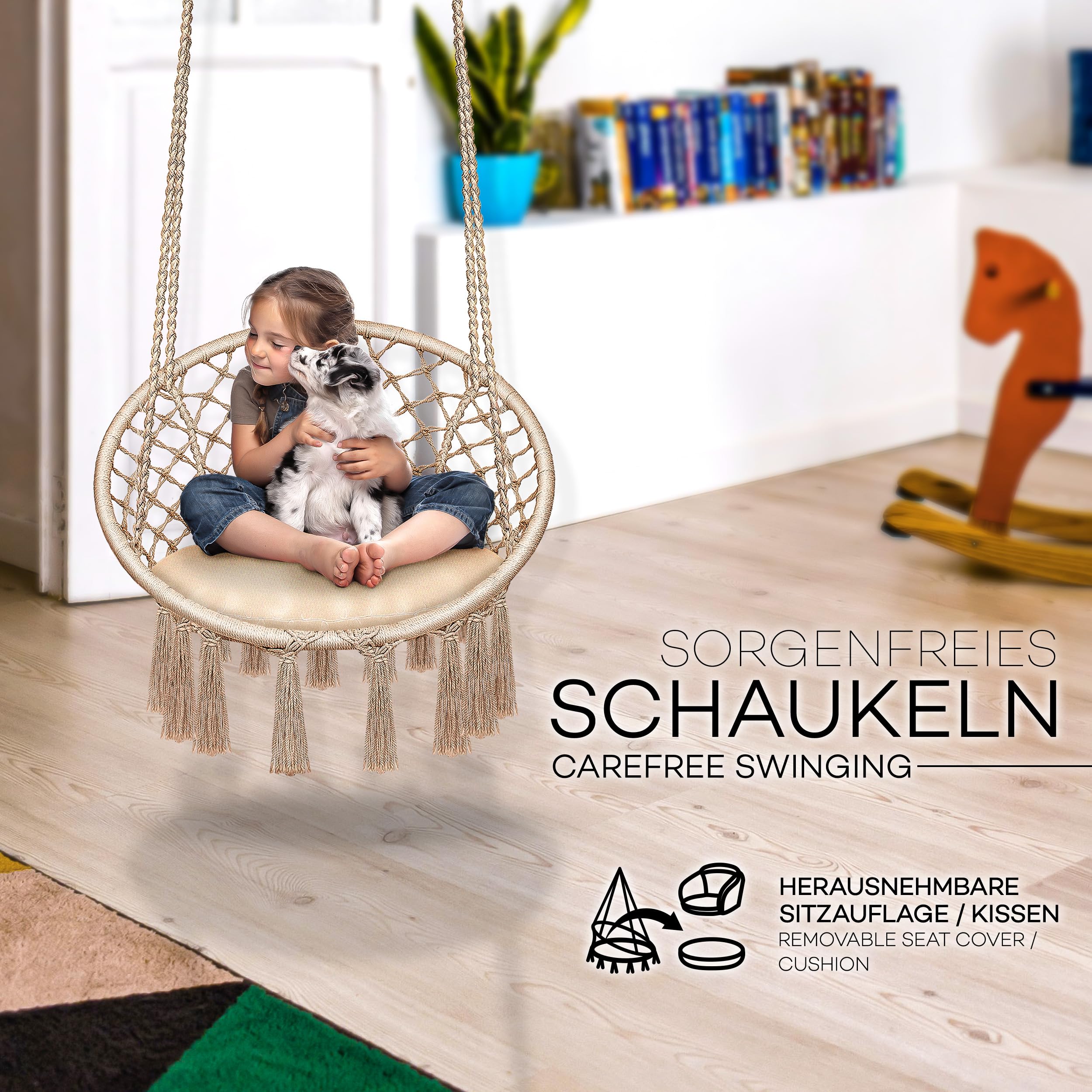 tillvex Hängesessel 200kg zum Aufhängen | Hängestuhl Indoor & Outdoor | Hängekorb wetterfest | Schaukelkorb mit Kissen