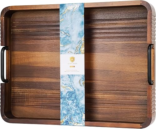 Bandeja de madera de acacia con asas de metal, 17 x 13 pulgadas, bandeja decorativa para mesa de centro y bandeja otomana, almohadillas