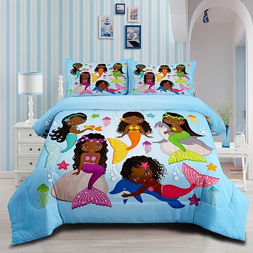 Juego de edredón de sirena de tamaño matrimonial, color negro, juego de ropa de cama para niñas y adolescentes, juego de edredón ultra suave y