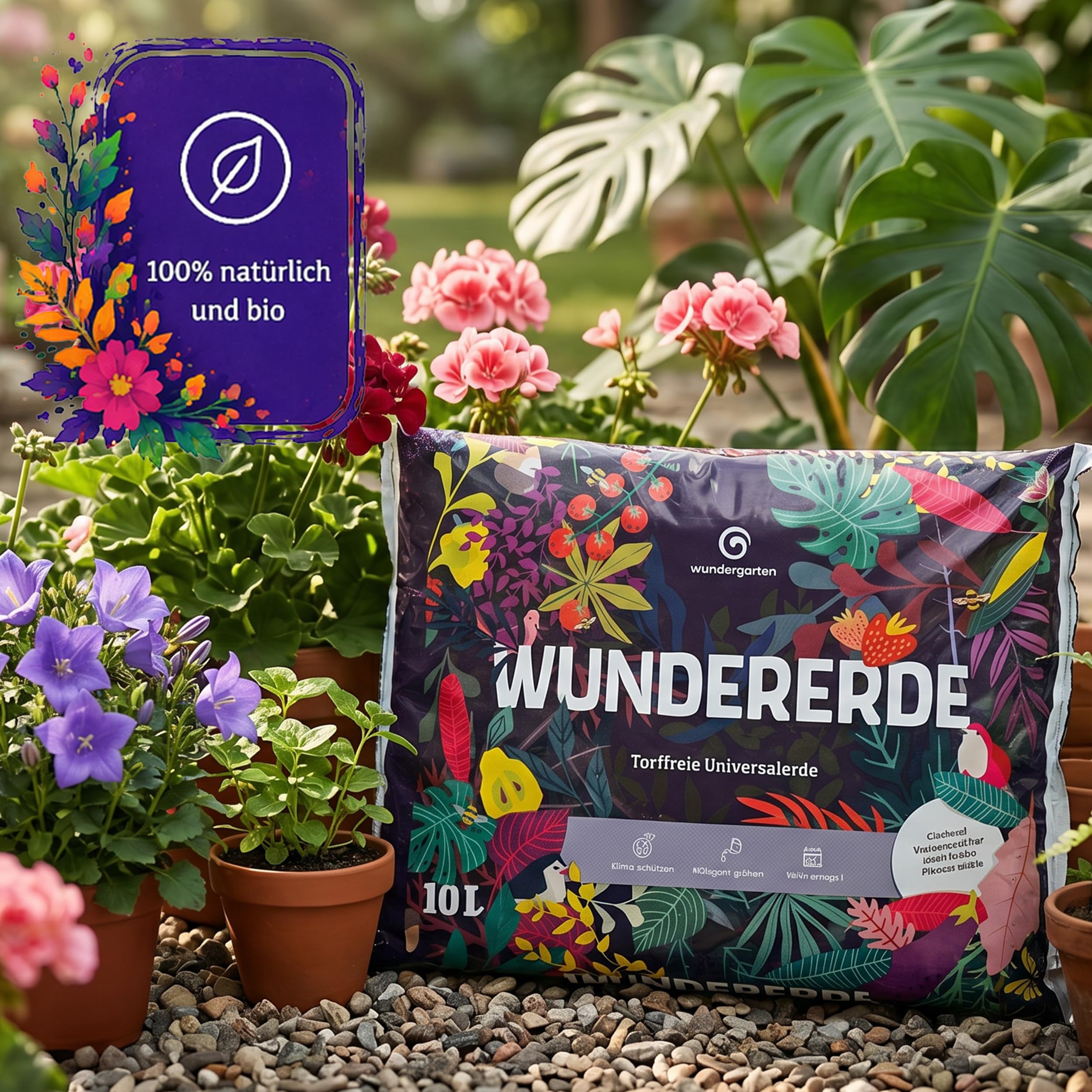 9X 10L Bio Universalerde torffrei – Mit Pflanzenkohle – Wundergarten Wundererde – Blumenerde für Zimmerpflanzen, Kräuter & Balkon – Weniger Gießen & Düngen