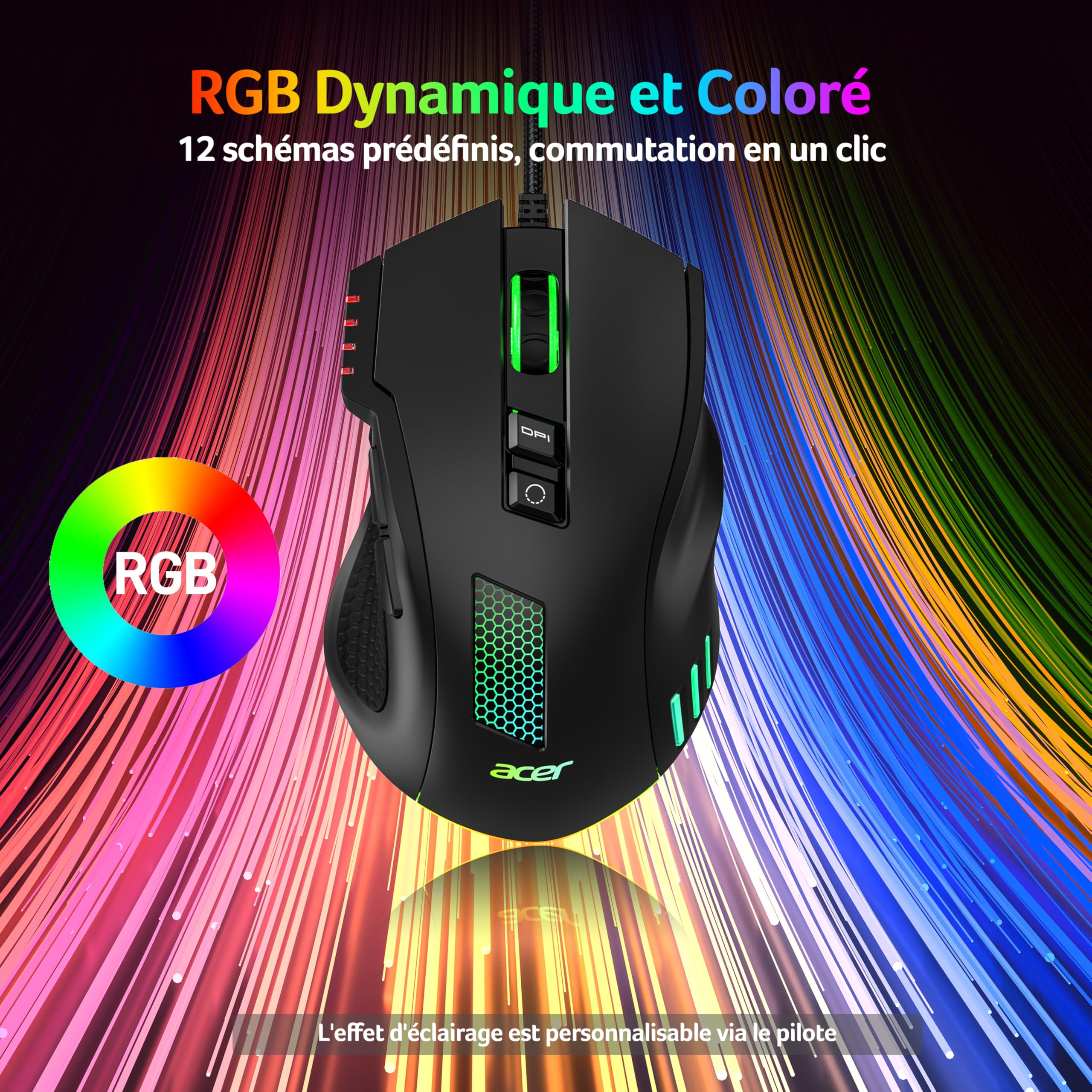 acer Souirs Gamer Filaire Ergonomique, 12 800 DPI, 8 Boutons programmables, Souris Gaming avec Fire Button, 12 Options RGB Personnalisable, Haute Précision- pour MOBA FPS CS