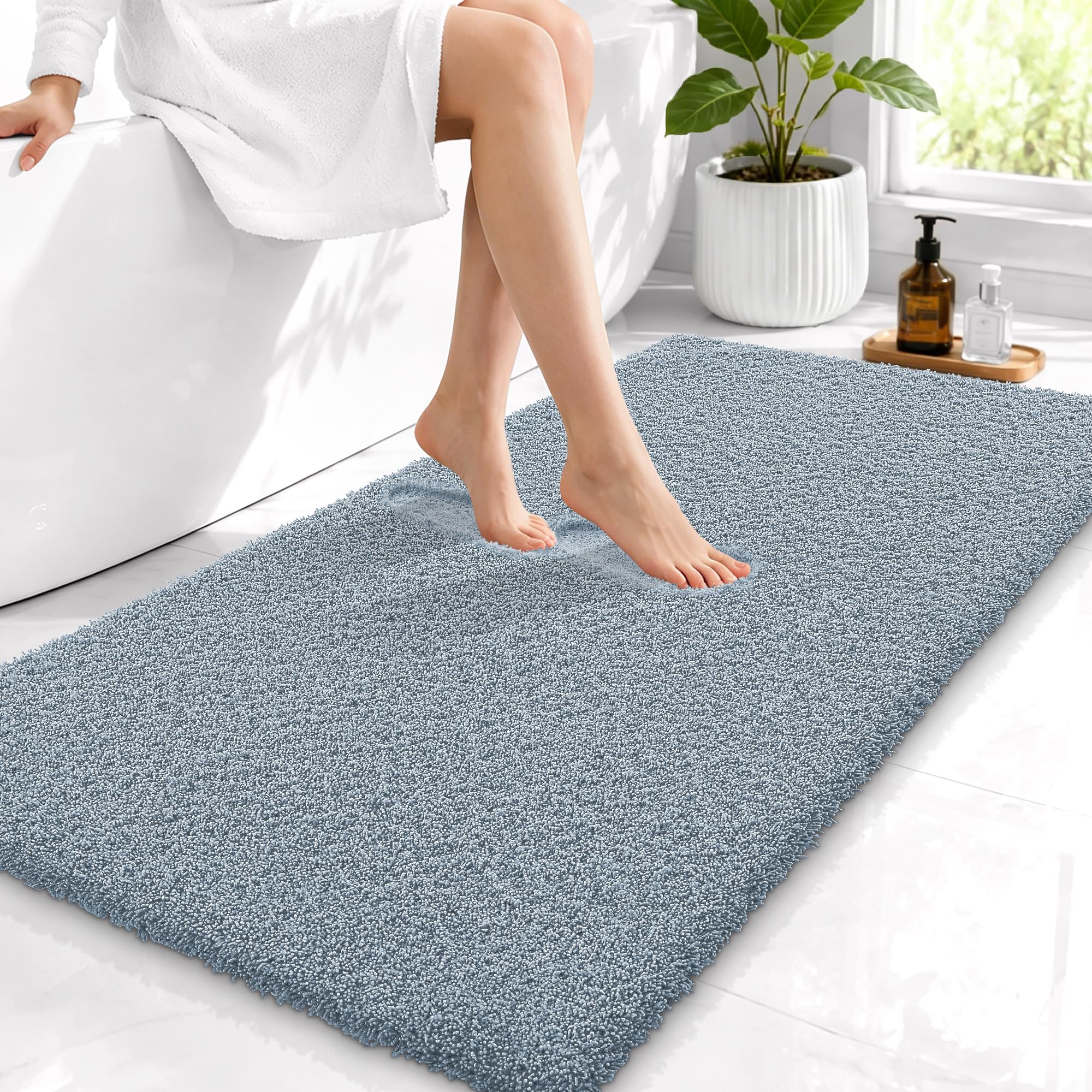 OLANLY Microfiber Bathroom Runner Rugs 44x24, Soft Bath Mat, Airy Blue