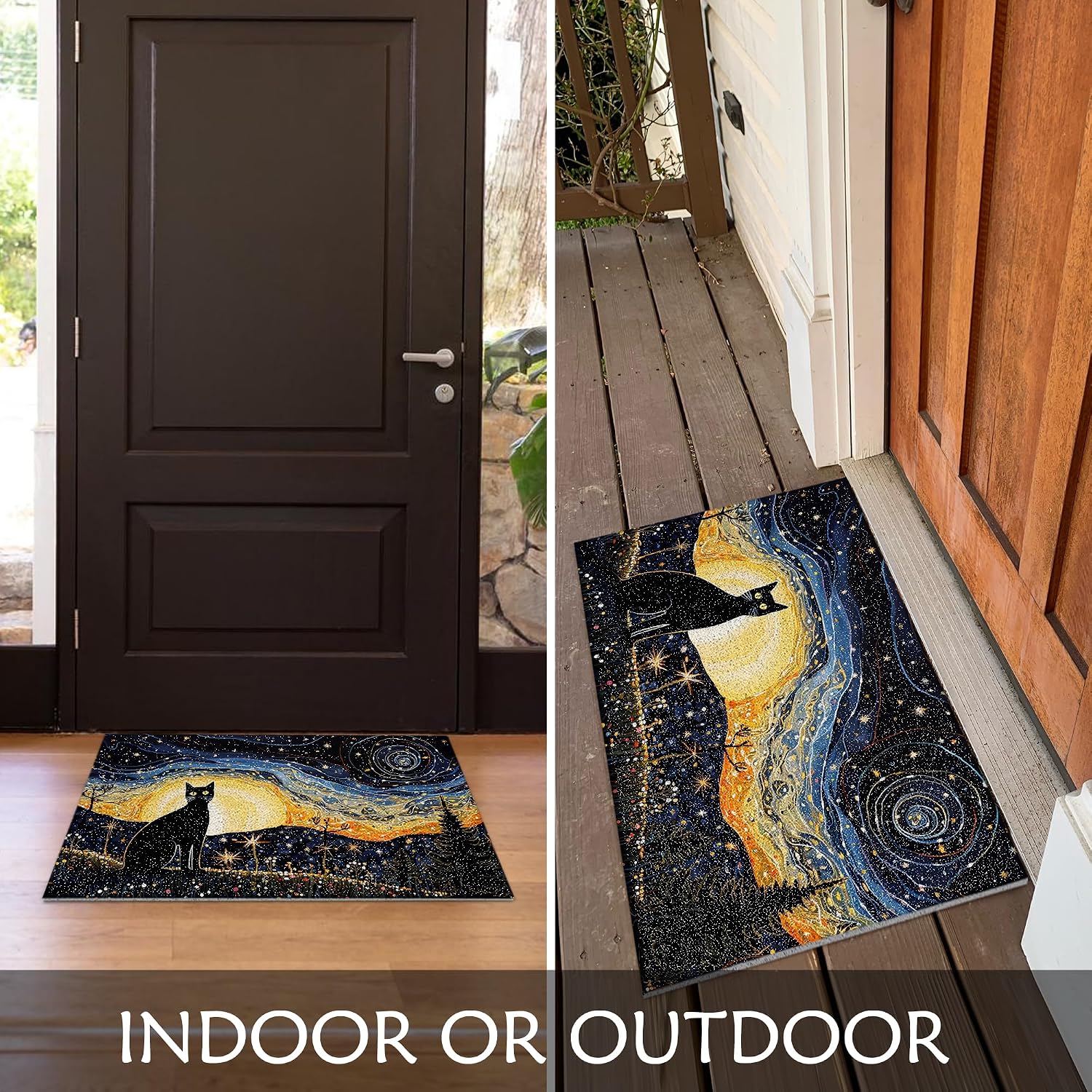 Starry Night Black Cat Door Mat, Black Cats Decor Front Door Mat Outdoor Indoor Entrance, Cats Welcome Mat, Cat Bath Mat, Indoor Door Mats for Entryway, 17x30 Inches