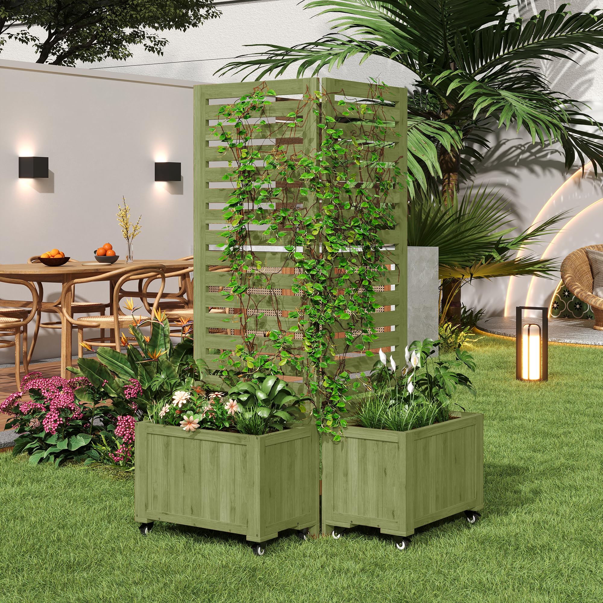 Merax Jardinière avec treillis, 2 grilles de jardin & 2 bacs à plantes, bois de sapin résistant aux intempéries, pliable, avec roues universelles, jardinière d’extérieur pour jardin, terrasse, cour