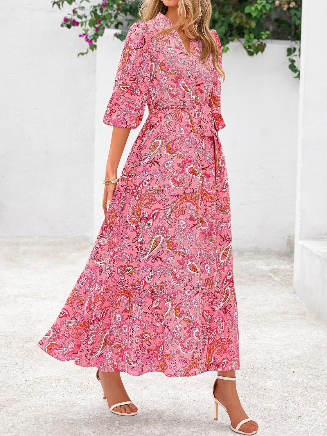 MASCOMODA Womens Floral Maxi Dresses Boho Summer Casual V Neck 3/4 Puff Sleeve Button Down Tie Waist Long Flowy Shirt Dress - Image 3