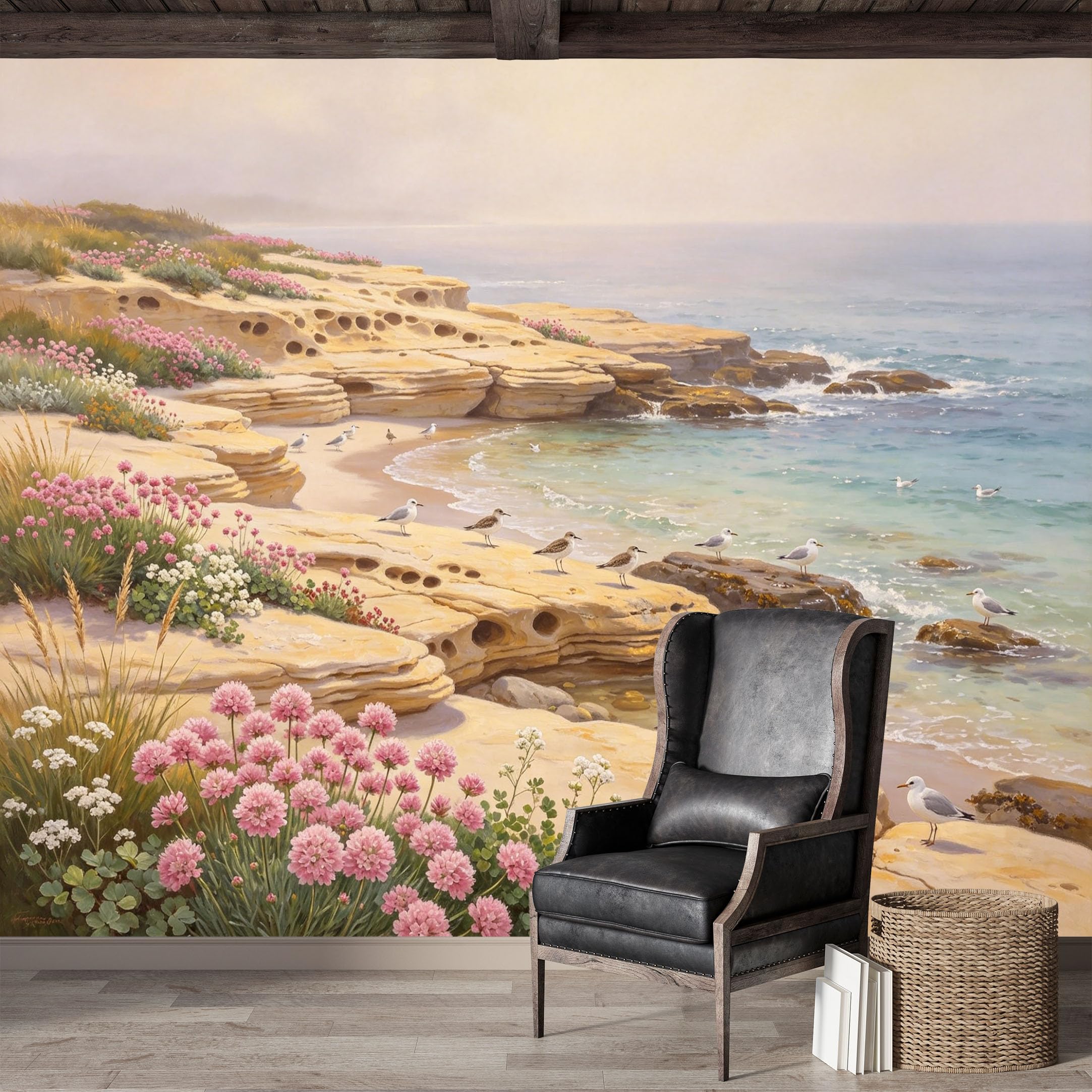 Custom Size Wall Mural,Coastal Seascape Rocky Shoreline Birds Floral Oil Painting Premium Water Activated SelfAdhesive Wallpaper,Removable Wall Covering for Indoor Home Decor