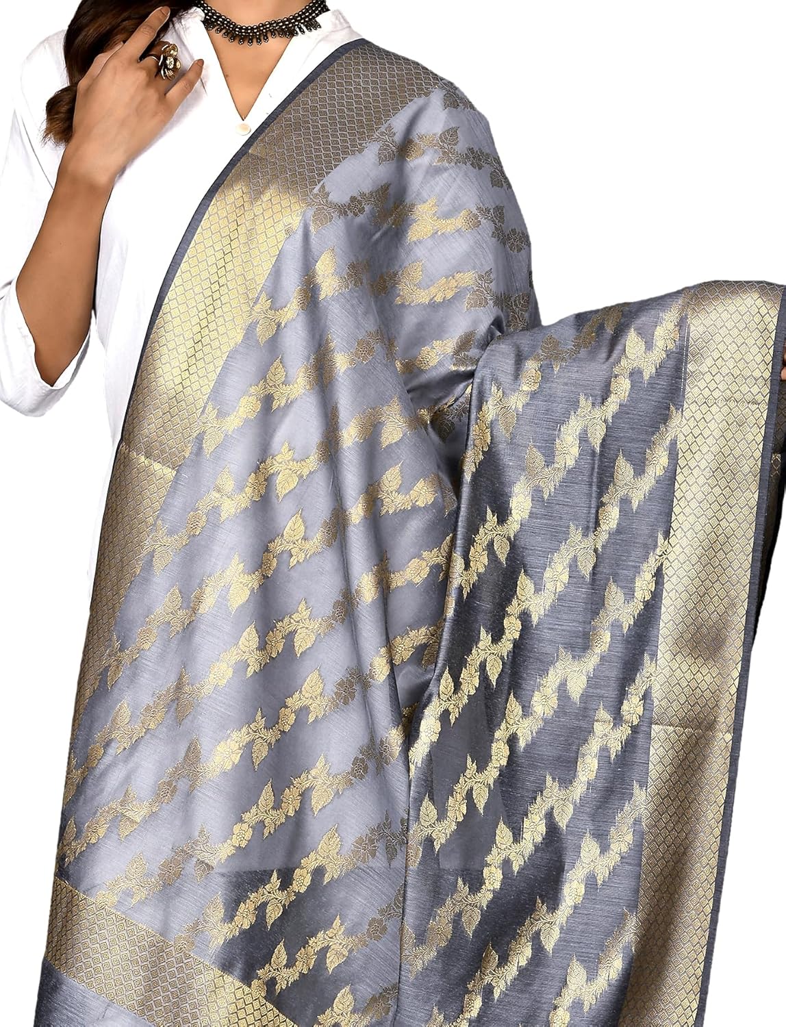 Banarasi Cotton Dupatta for Women with Light Gold Zari Work, Ethnic Indian Scarf Stole for Festive Wear - Image 2