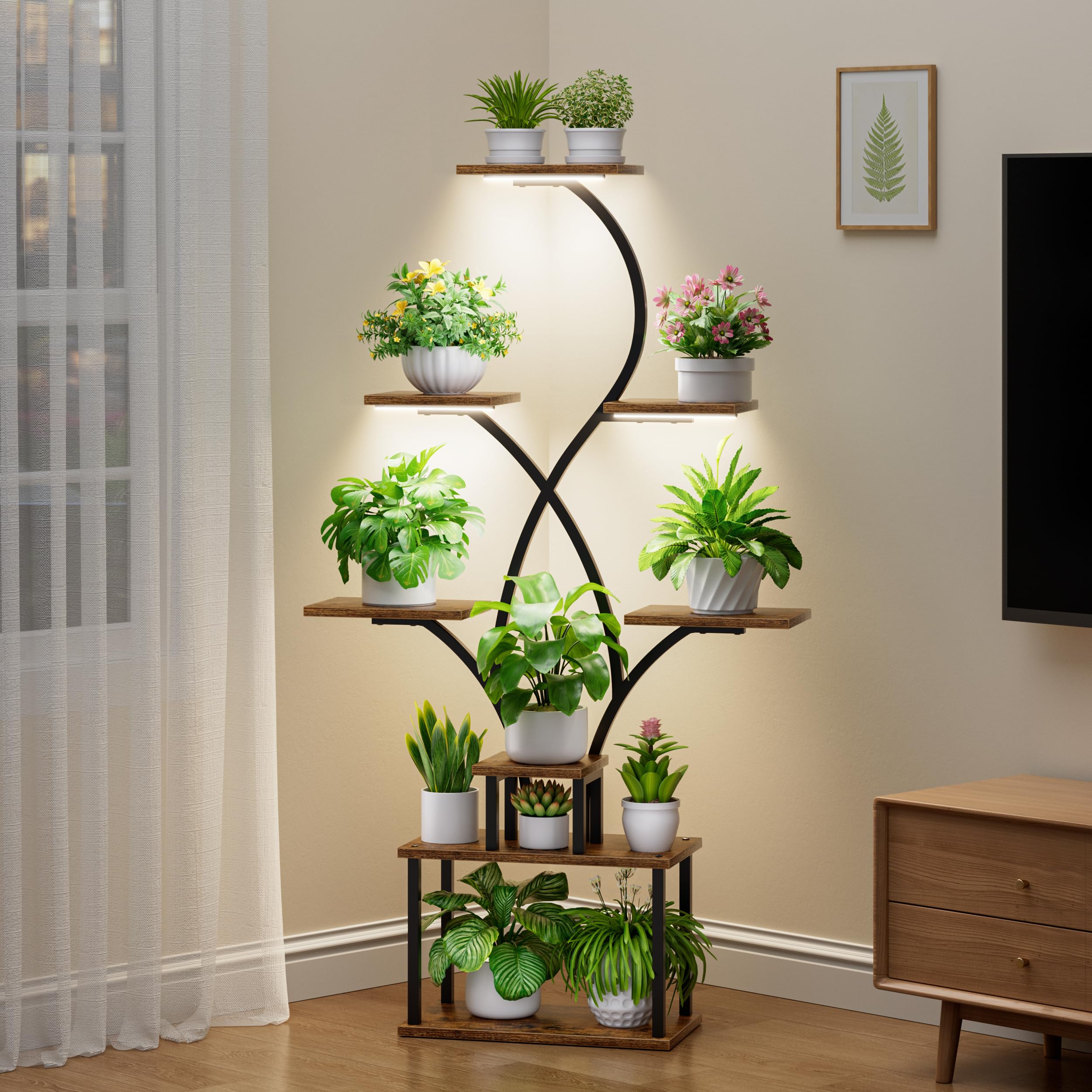 BACEKOLL Estantería para plantas con luz de crecimiento, 8 niveles, 158 cm, metal y madera, soporte para plantas para interior y exterior, color negro