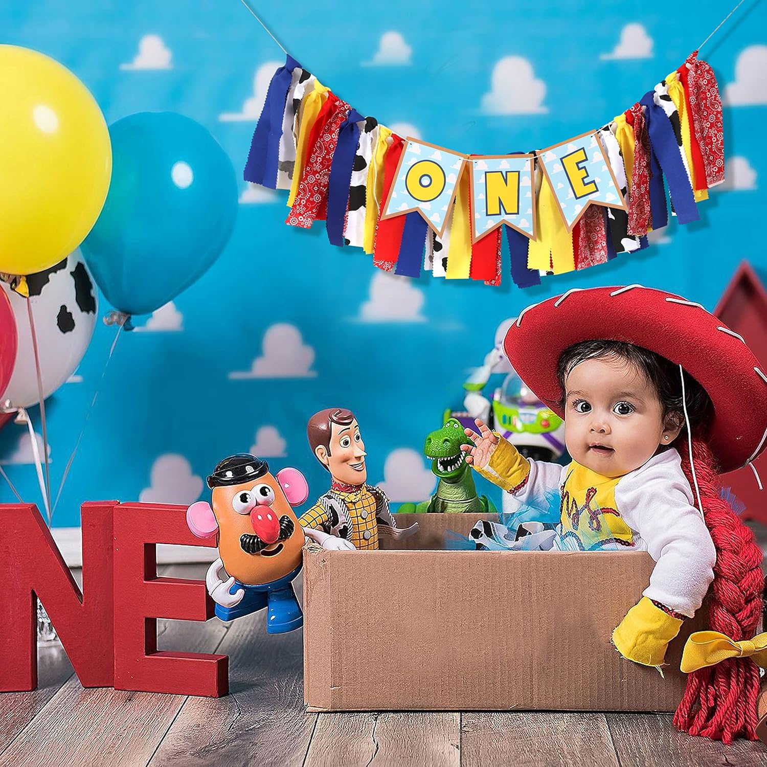 Toy Theme 1st Birthday Banner - Toy Inspiration Story's 1st Birthday High Chair Banner,Western Party Decorations, West Cowboy,High Chair,Baby Boy Photo Booth Props,Fabric Garland - Image 5