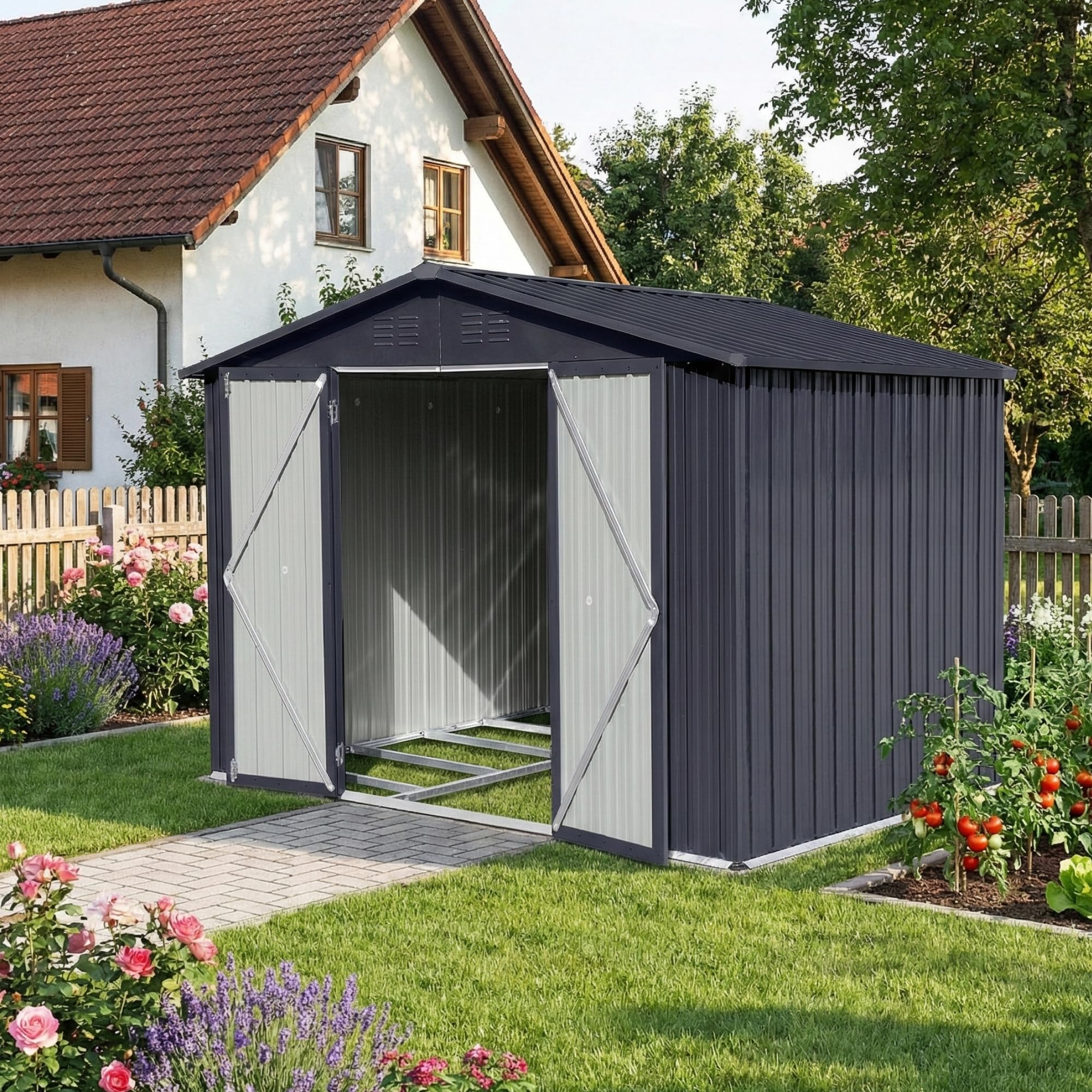 Albatros Gerätehaus XL | Anthrazit RAL 7016 | 165x86x174cm (8,5 m³) | abschließbar inkl. Schloss & Werkzeughaken | Gartenhaus aus verzinktem wetterfestem Metall | Geräteschuppen Gartenschrank