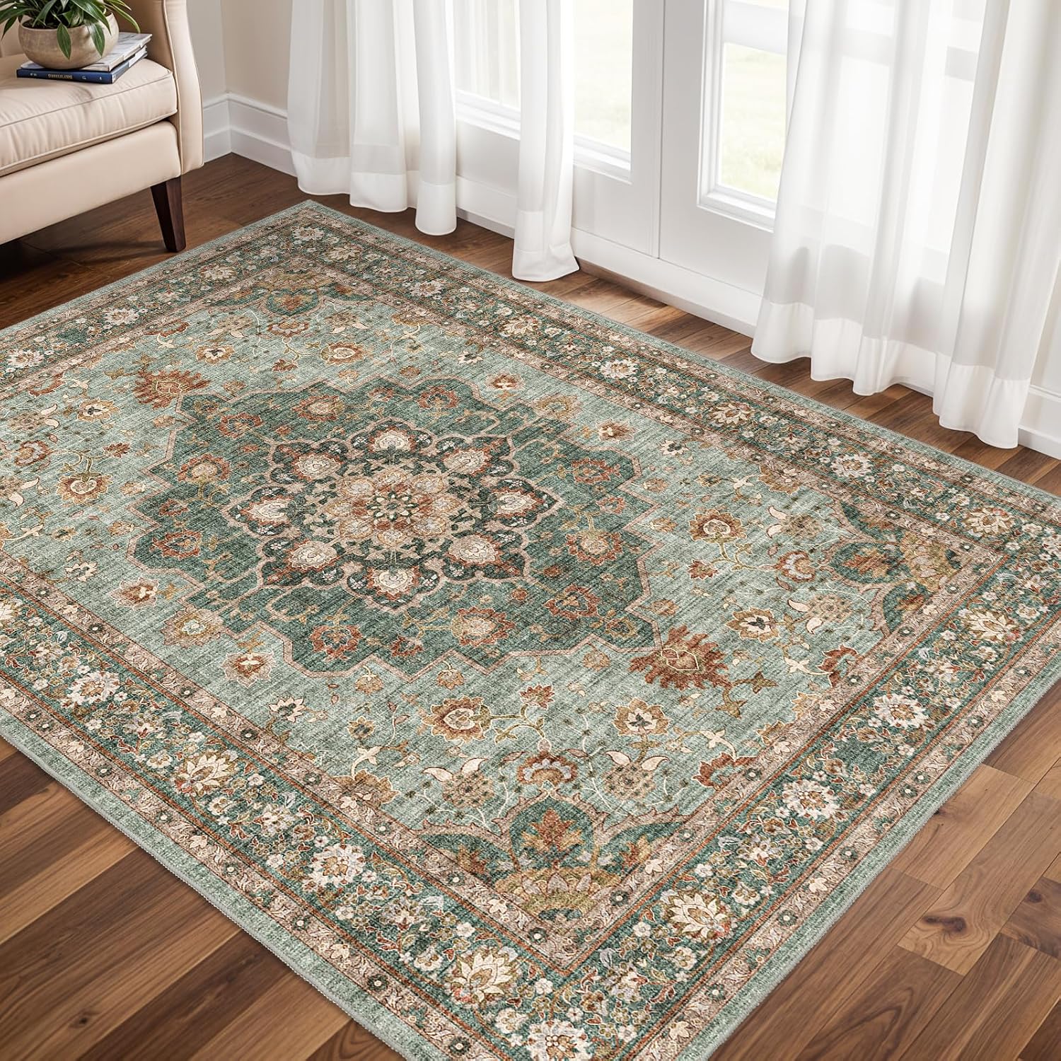 TOPRUUG Washable Oriental Area Rug - 3x5 Rugs for Living Room Soft Carpet for Bedroom Waterproof Floral Distressed Indoor Stain Resistant Non-Shedding Floor Carpets (Green, 3X5)
