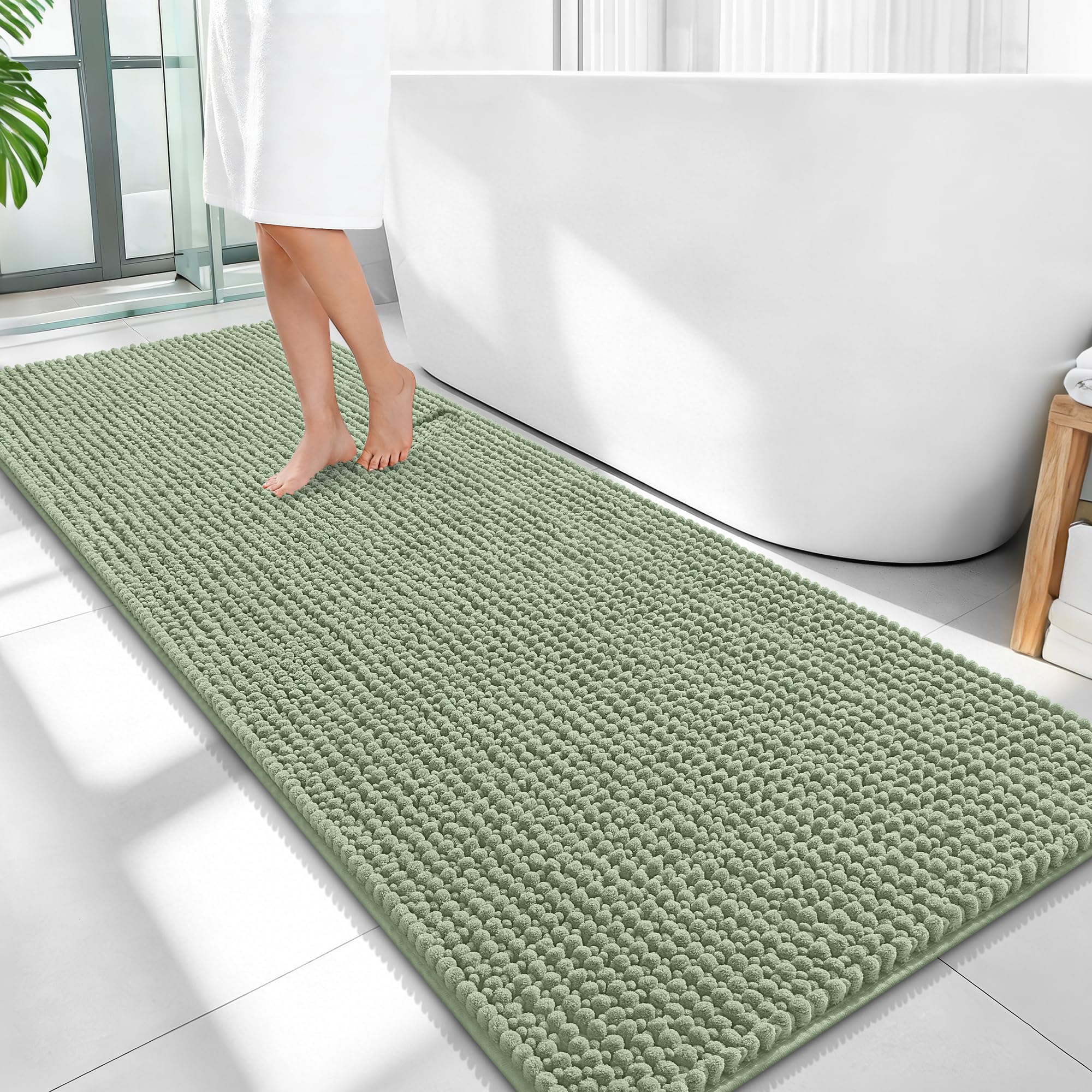 OLANLY Thick Chenille Bathroom Runner Rugs Mats 59x24, Sage Green